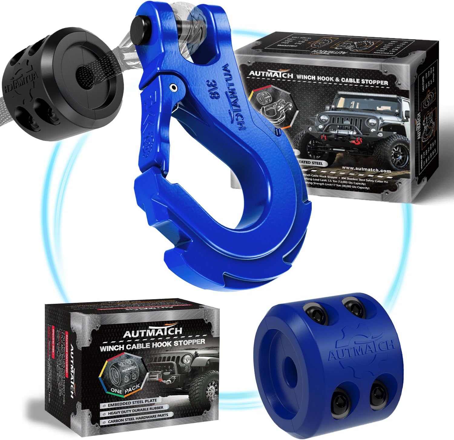 AUTMATCH 3/8" Winch Hook Safety Latch with Winch Cable Hook Stopper, Grade 70 Forged Steel Clevis Slip Hook, Max 39,600Lbs Work for Winch Rope, ATV, UTV, Off Road Vehicle, Blue