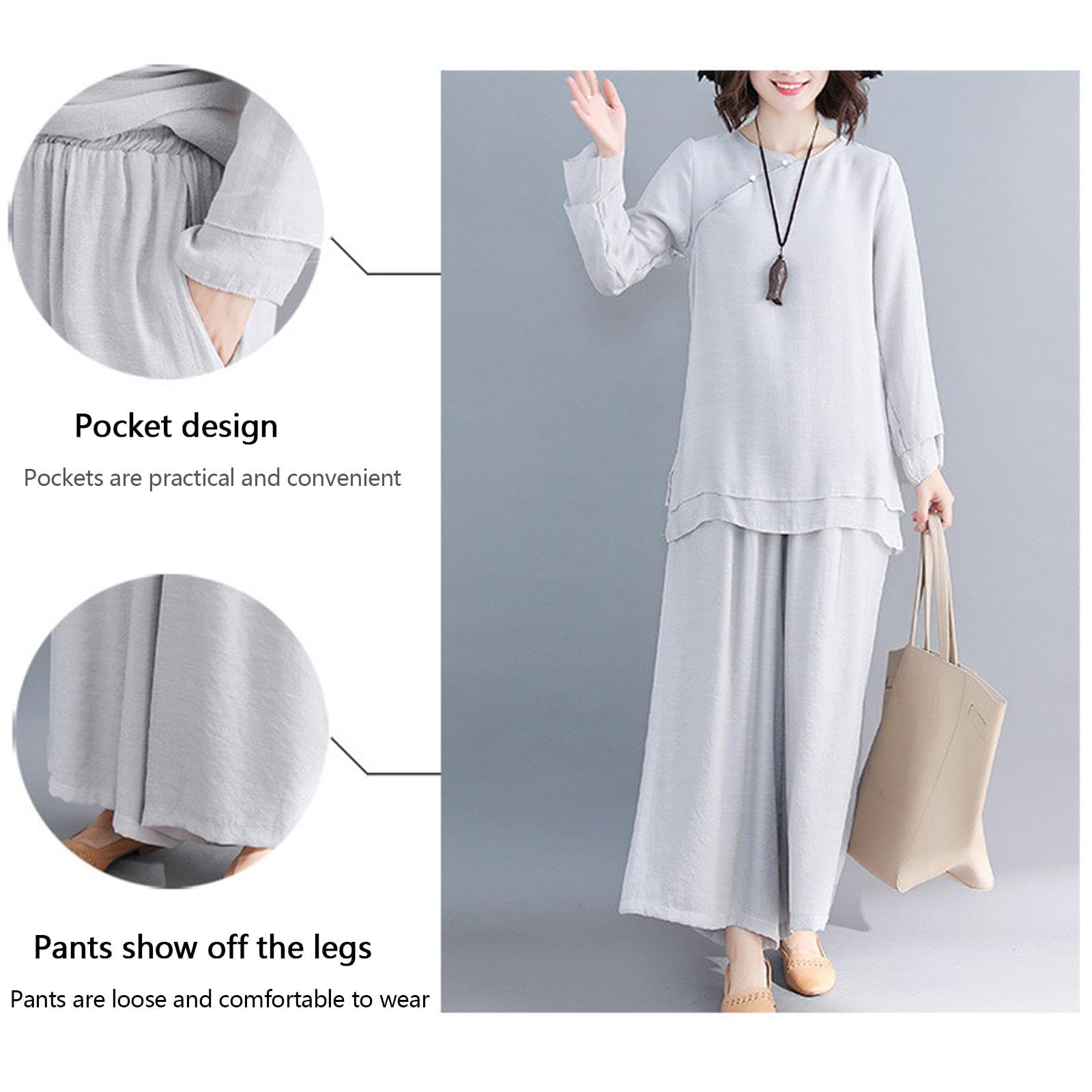 Damen Zen Meditationsanzug Baumwolle Leinen Langarm Tai Chi Anzug Morgengymnastik Uniform Kung Fu Kleidung,Grey-L