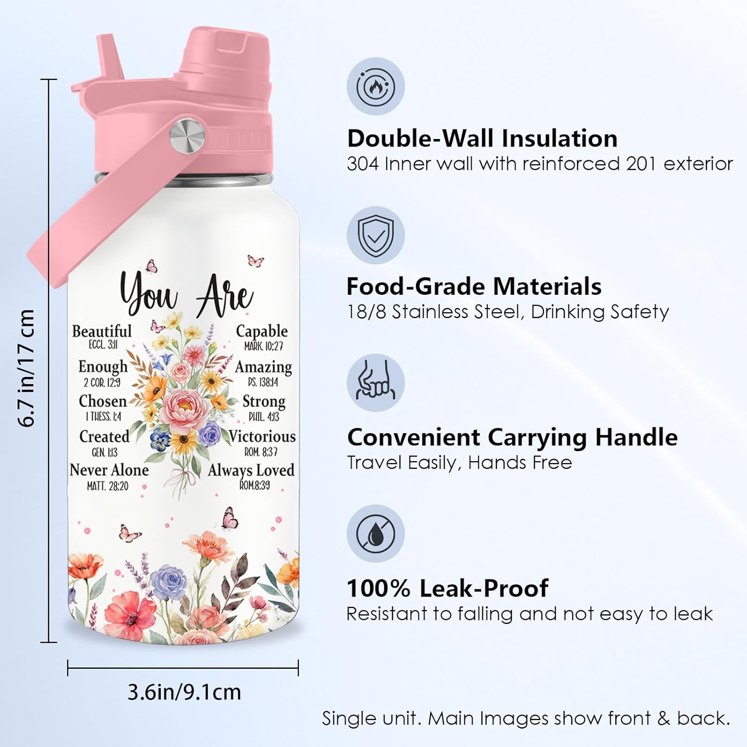 Christian Cup Gift for Women, Stainless Steel Water Bottle with Handle, 2-in-1 Straw and Spout Lid, 24oz Coffee Mug Insulated Travel Cup for Sports Birthday Valentines Day Gifts - Image 2