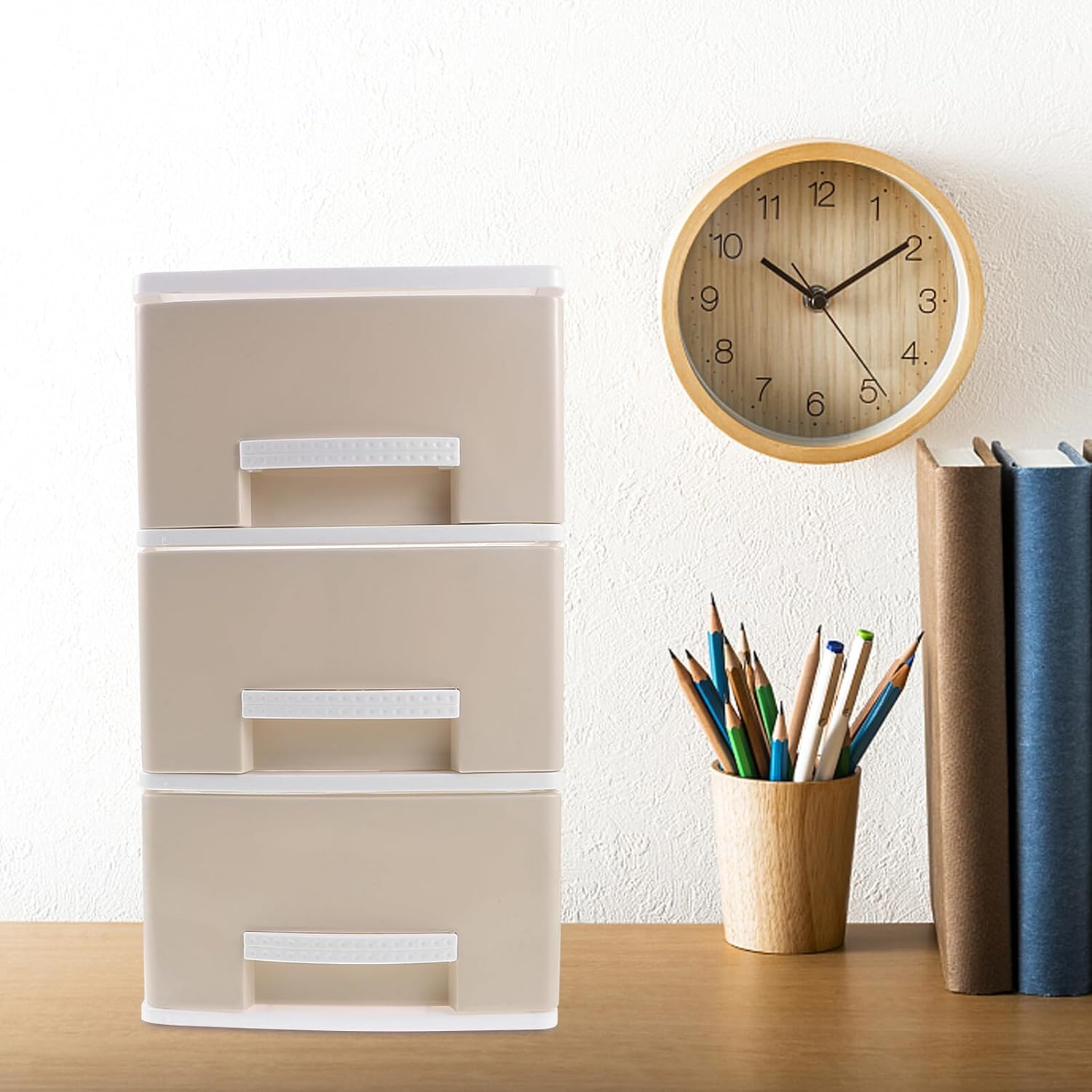 Plastic Desk Storage Drawer Organizer Box Sturdy Multi-functional Desktop Storage Cabinet for Office Supplies Files Makeup and Stationery Space-saving Design in Khaki