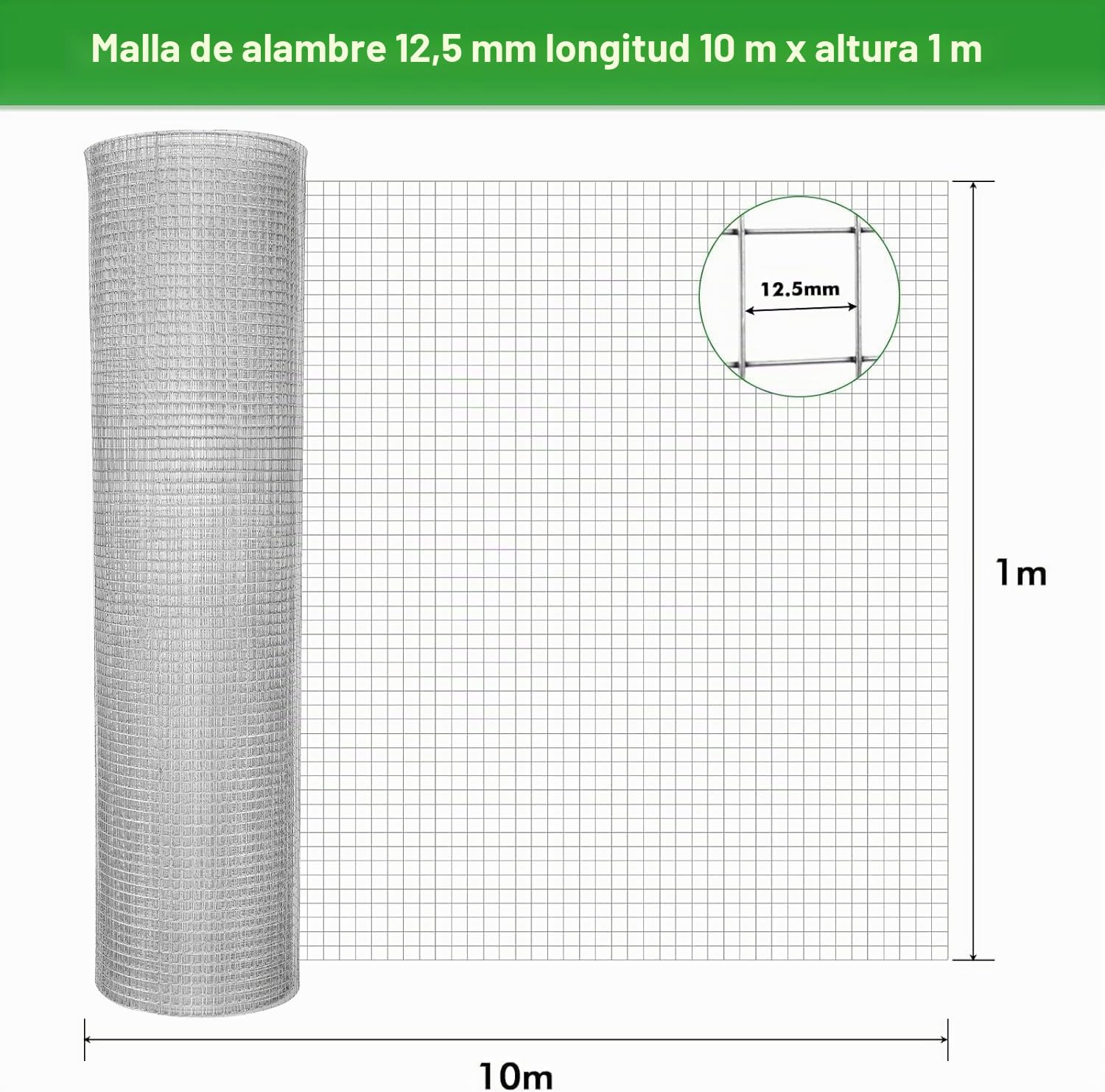 Malla de alambre fina, 1m x 10m malla para topos para maceta elevada, alambre galvanizado de 0,7mm de espesor, malla de 12x12mm, alambre para conejos, alambre para aves, alambre para gallinas