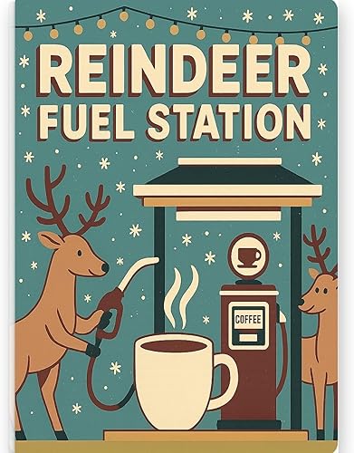 Vintage Gas Station Holiday Art Poster - Festive Retro Reindeer - Gloss Paper Finish - Quirky Christmas Decor for Lodge