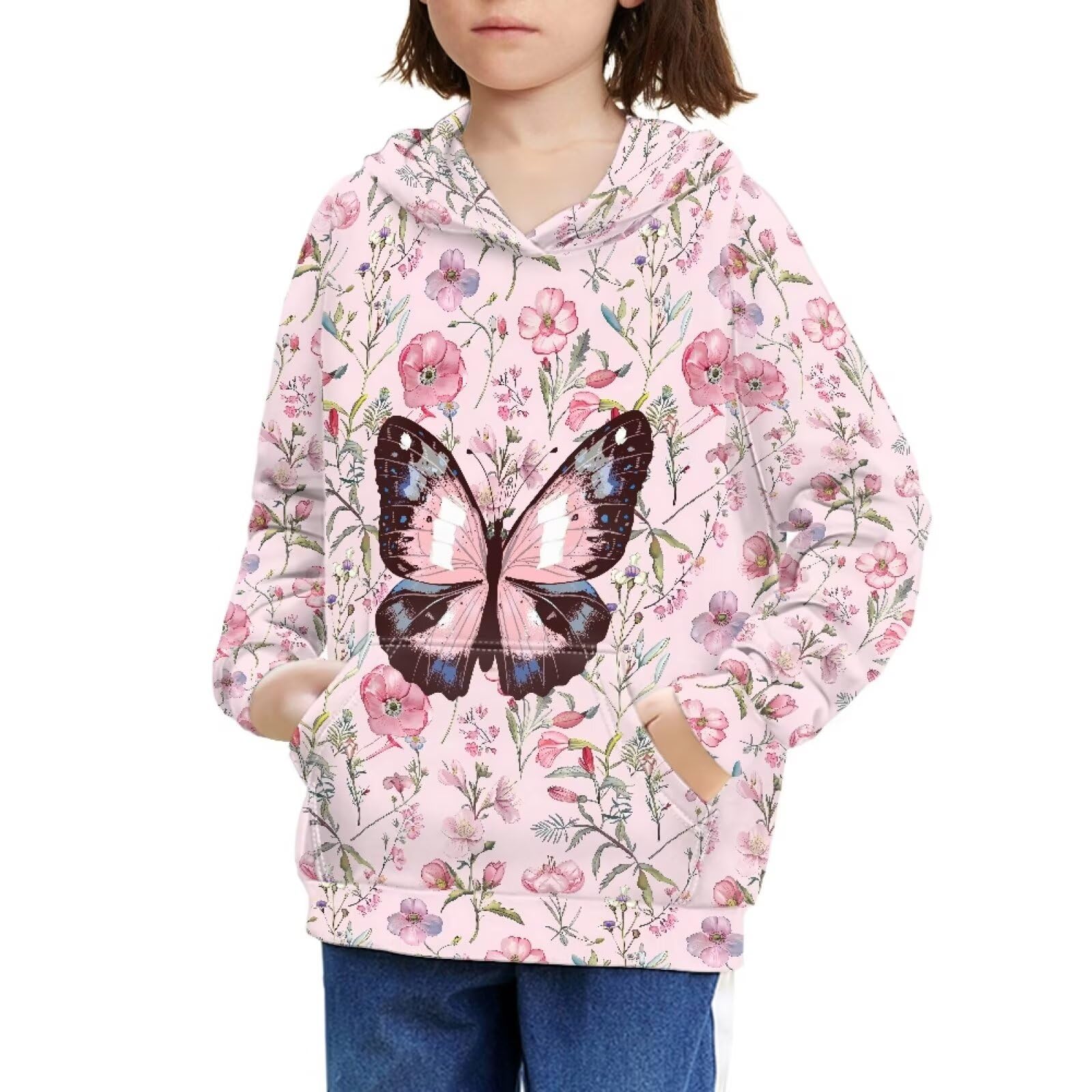 Yruonazao Floral Butterfly Girls Long Sleeve Shirts for Girls Sweatshirts Size 10-12 Long Sleeve Tee Junior Kids Fashion Activewear with Pockets Home for Play Outdoor Sports School Holiday