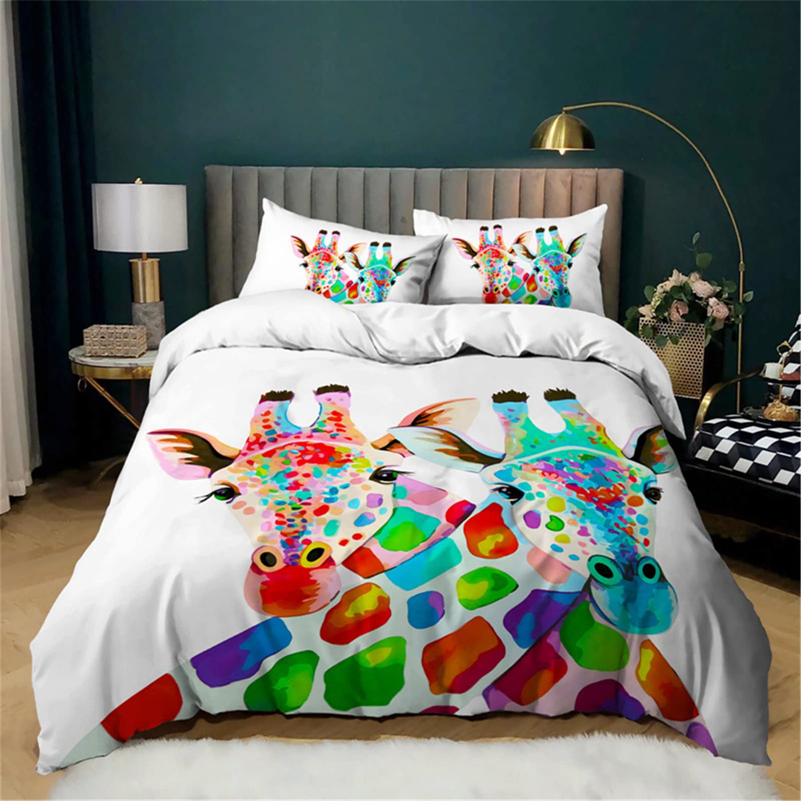 Mateju Men's Colorful Graffiti Duvet Cover Set 3 Piece For Single Double Super King Size Bed, 3D Giraffe Printed Bedding Set Microfibre Bed Set With Quilt Case And Pillowcases 50X75cm (,240X220cm)