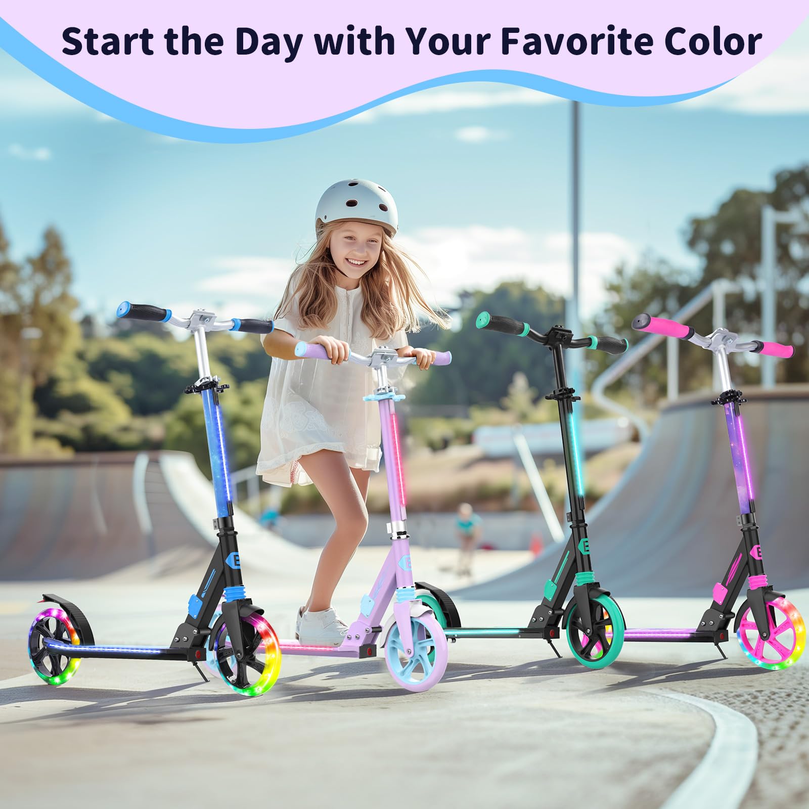 BELEEV V8 Patinete de 2 Ruedas, Plegable Patinete con LED Luces Stem, Deck, Altura Ajustable, Big Wheel 200mm Scooter Adult con Correa de Transporte, Marco Resistente para 6+ Niño Niña Adulto