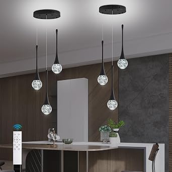 Modern Crystal Kitchen Island Chandelier 3-Lights Black, LED Dimmable Raindrop Indoor Lighting Fixture for Dining Room Foyer Entryway Remote Control