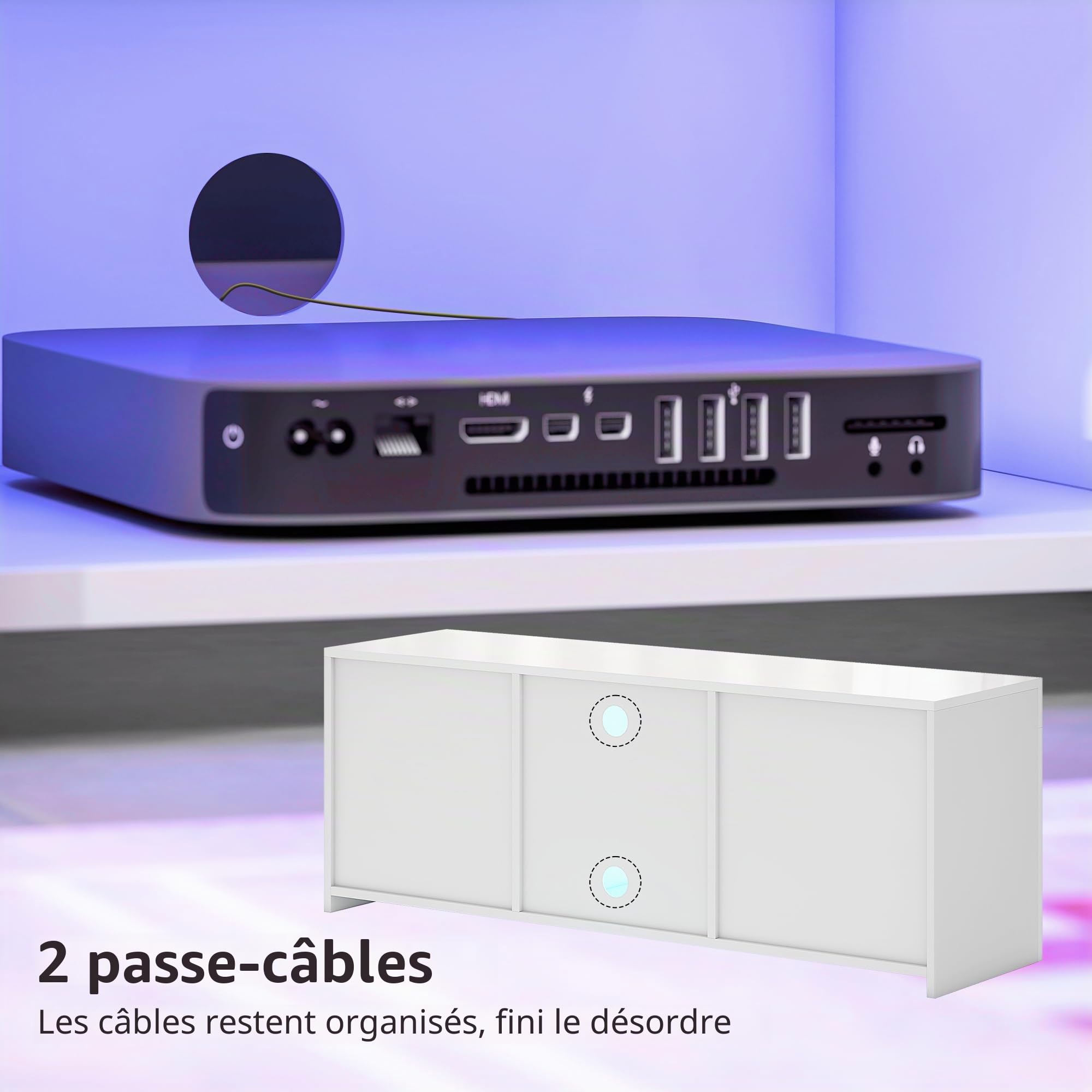 HOMCOM Meuble TV avec LED, pour TV 55 pouces, blanc, 120x34x45cm