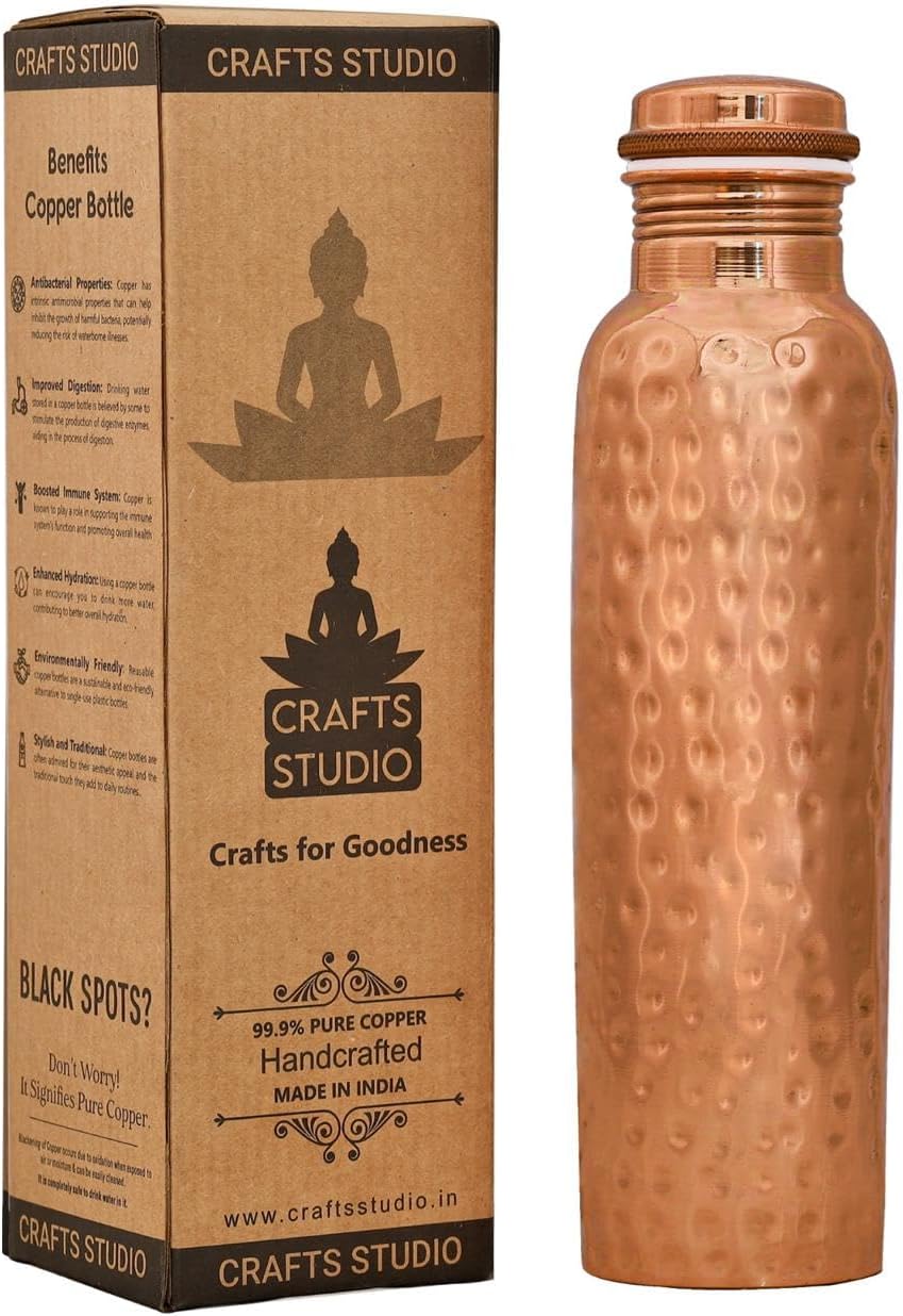 CRAFTS STUDIO Copper Water Bottle 950 ML / 32 Oz,Handmade Hammered pure copper water vessels, Ayurvedic Healing Benefit