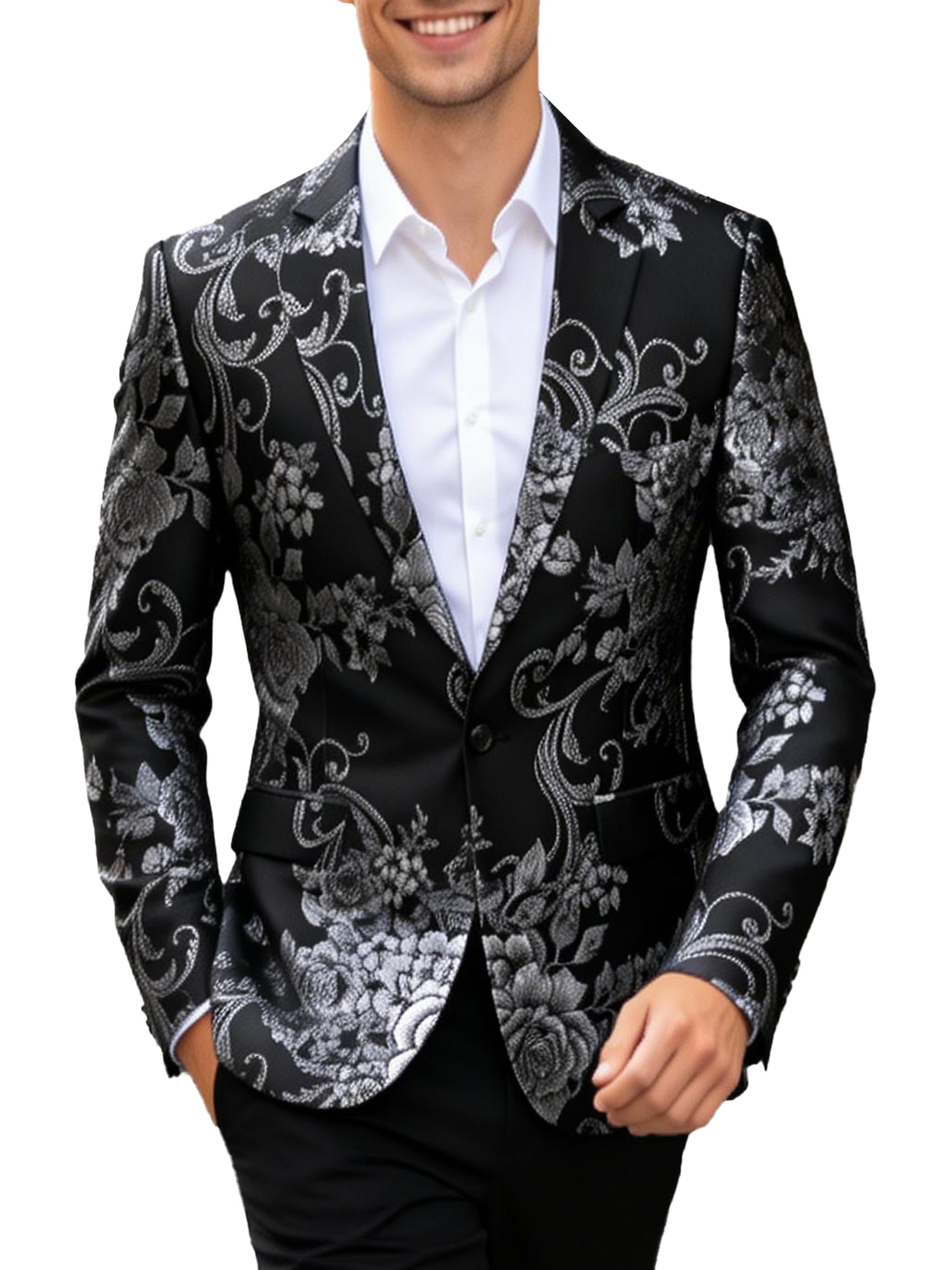 uninukoo Men's Casual Luxury Slim Fit Blazer Jacquard Floral Wedding Prom Suit Jacket, Black, 36-picture-13