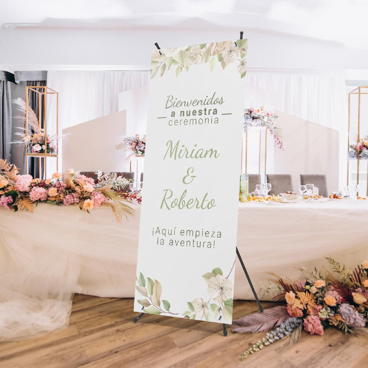 Cartel Bienvenida Boda Personalizado - Photocall Boda para Decoracion Boda | Print Stamp Love, Cartel personalizado, Lona personalizada PVC Resistente con Estructura, Montaje fácil (70x180cm) MODELO 4