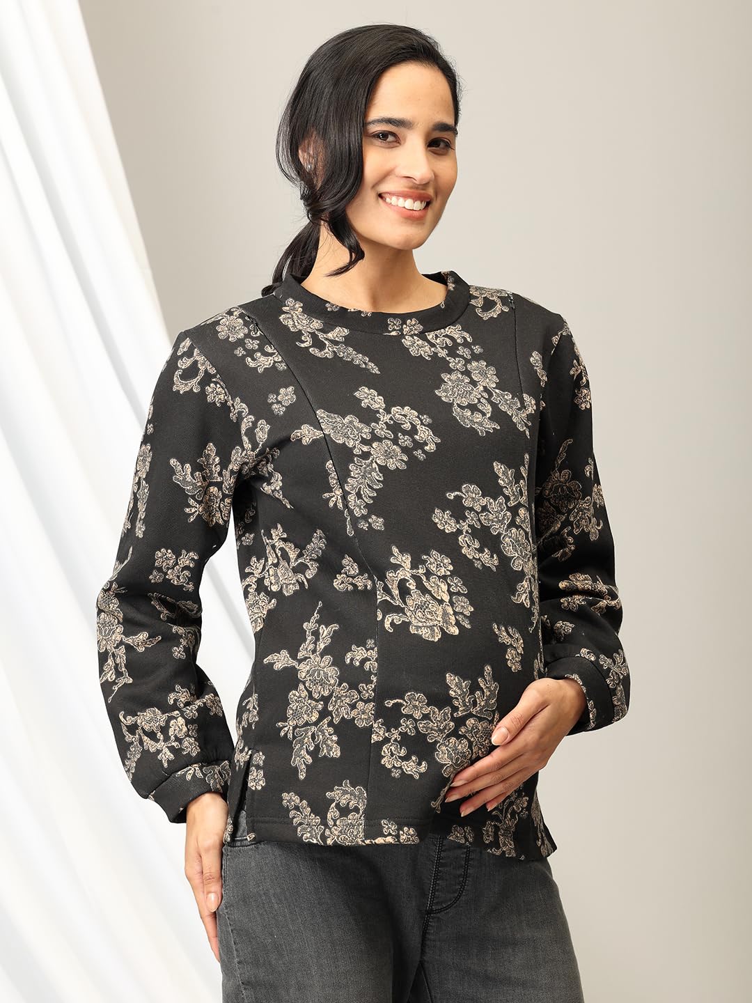 The Mom Store Maternity and Nursing Winter Wear Sweatshirt | Feeding Sweatshirt for Pre and Post Pregnancy | Top | Bloom in The Dark, Black | S 1