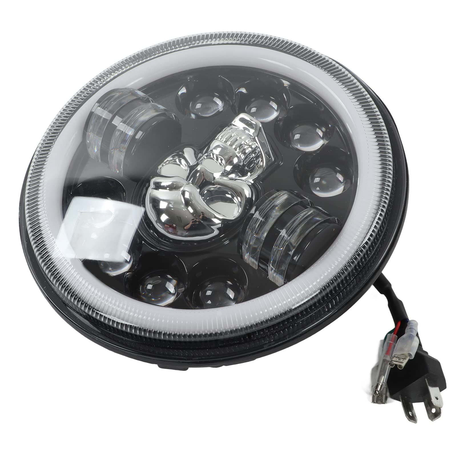 Fydun Phare LED 12V 7 Pouces Universel pour Moto - Angel Eye Rond Étanche Auxiliaire Blanc Tête de Mort Motif Lumière pour Motos et Voitures