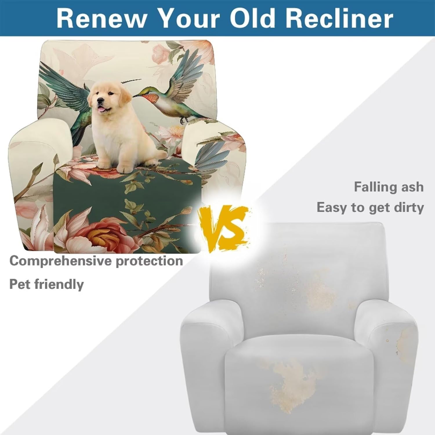 FOR U DESIGNS Hummingbird Roses Easy Install Stretch Recliner Slipcover for Reclining Chairs Protective Living Room Covers with Elastic Loops Universal Stain Resistant for Long-Lasting Use