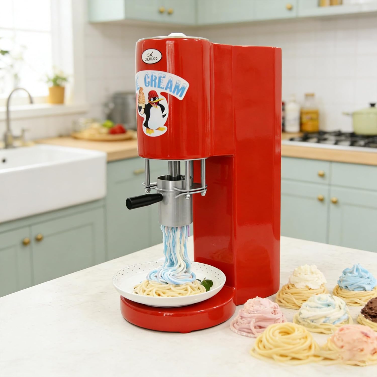 Professional Ice Cream Noodle Extruder, Commercial Spaghetti Ice Cream Machine with 4 Shape Molds, 7.9 Gal/Hr Output, Space Saving Design for Dessert Shops, Easy to Use & Clean white