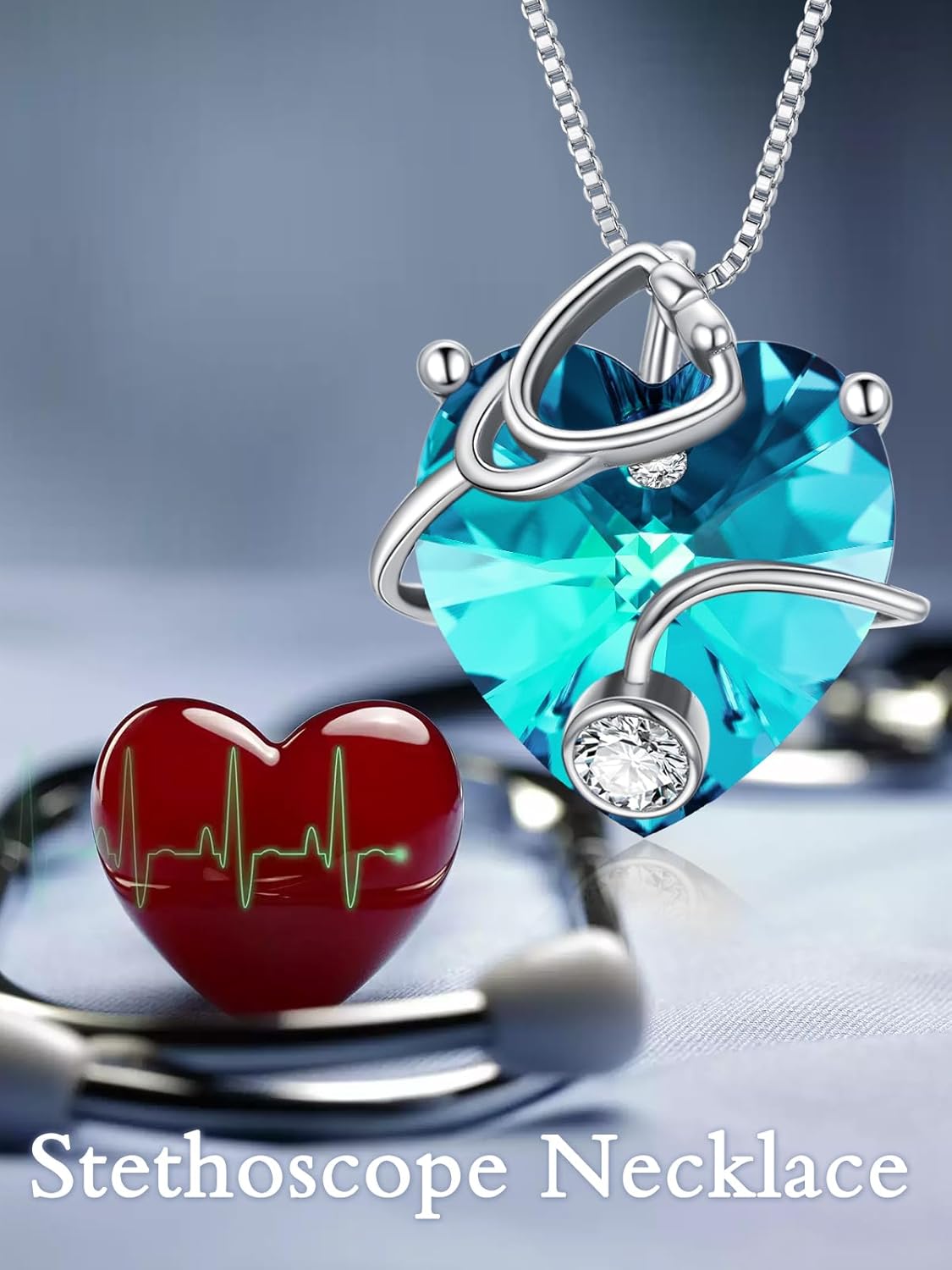 OCJ Nurse Gifts Stethoscope Necklace 925 Sterling Silver Heart Birthstone Jewelry Birthday Graduation Gifts for Nurse Doctor Medical Student