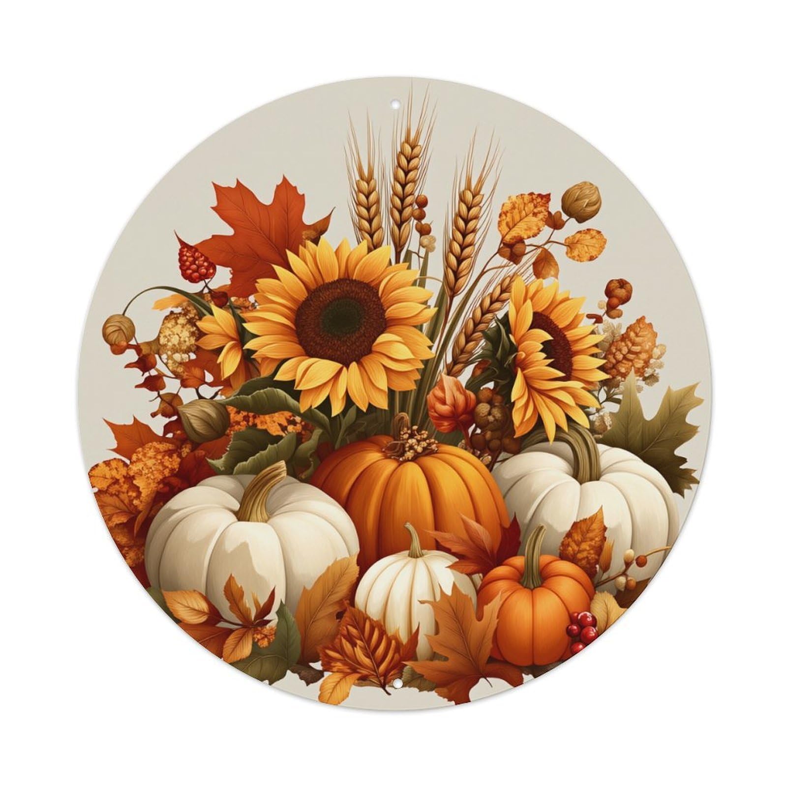 Autumn Harvest Sunflower Pumpkin Leaves Round Tin Sign Vintage Metal Poster, Home Bar Garage Man Cave Cafe Indoor & Outdoor Wall Decoration 8x8Inches