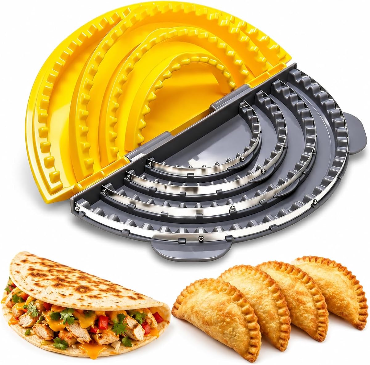 Sellador de tortillas ajustable 4 en 1 - Prensa para hacer empanadas de 4/6/8/10 pulgadas | Hoja de corte de acero, diente ondulado a prueba de fugas, apto para lavavajillas, ideal para quesadillas, envolturas, burritos, pasteles, albóndigas