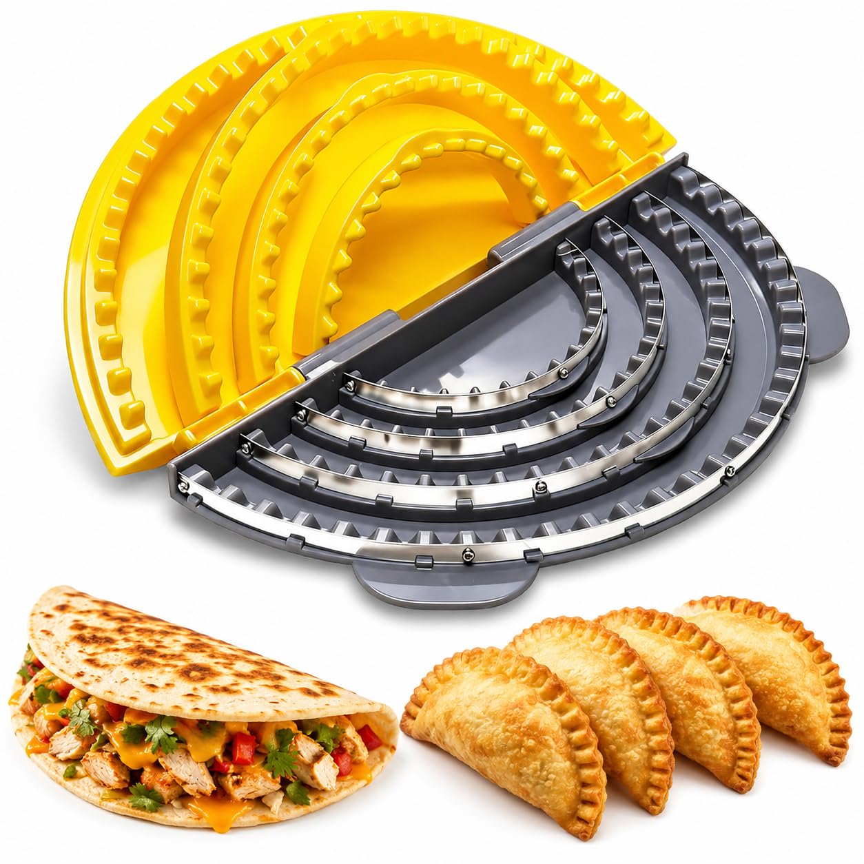 4-in-1 Adjustable Tortilla Sealer, 4'' 6'' 8'' 10'' Quesadilla Maker with Stainless Steel Cutting Blade Foldable Empanada Dumpling Press for Wraps Burritos Pasties Tortilla Dumplings-image-49
