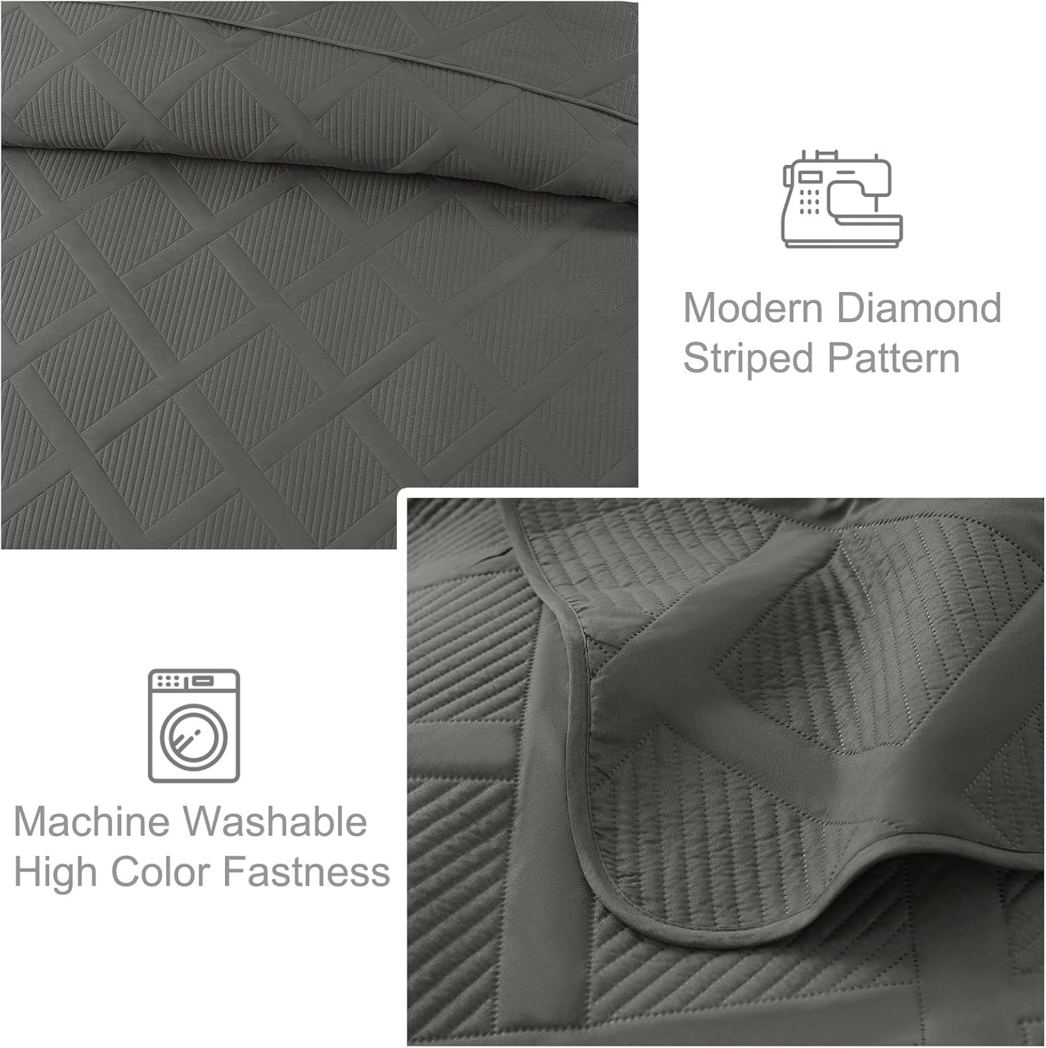 Exclusivo Mezcla Quilts Queen Size - Grey Quilt Set Bedspread with 2 Pillow Shams, Modern Bedding Set with Striped Pattern, Soft Lightweight Bedspreads Queen Size for All Seasons - Image 5