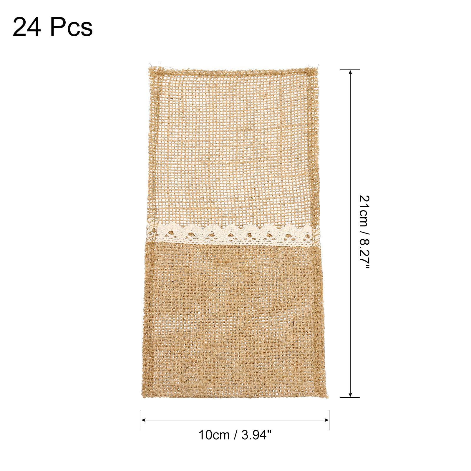 QUARKZMAN 24 Stück Burlap-Spitzen-Besteckhalter, 4" x 8" Bestecktasche Silberwarenhalter Natürliche Jute-Tasche Burlap-Serviettentasche mit Schleife für Party-Hochzeitsdekoration