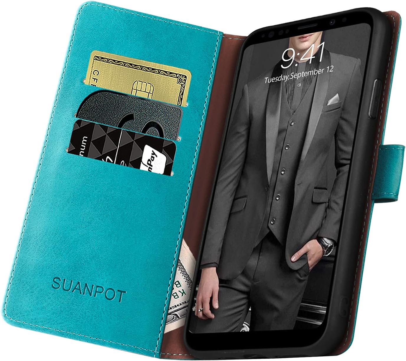 SUANPOT for Samsung Galaxy Note 9 6.4" with RFID Blocking Leather Wallet case Credit Card Holder, Flip Folio Book Phone case Cover Purse Poket for Women Men for Samsung Note 9 case Wallet Blue Green