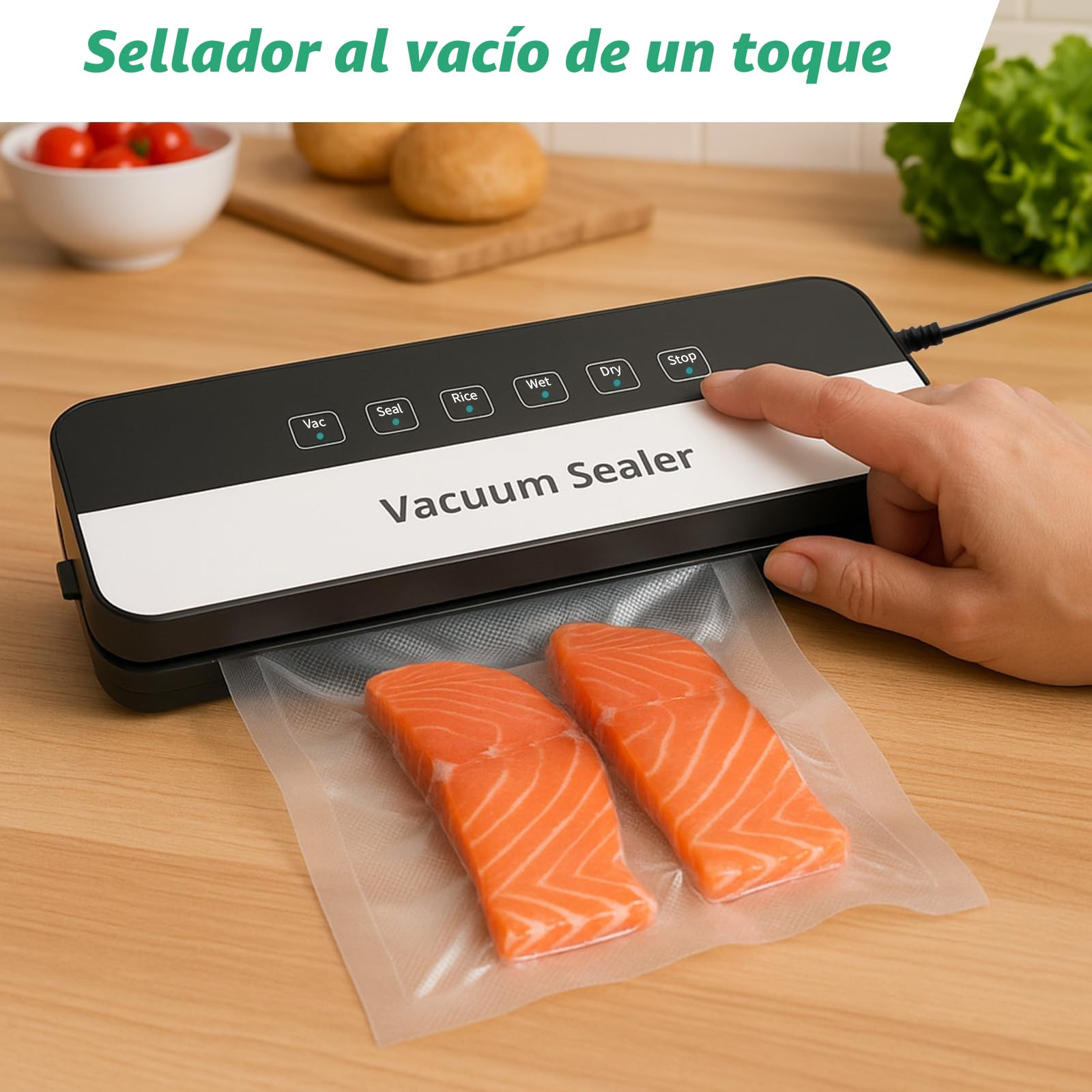 Envasadora al vacío 6 en 1 para alimentos en modo seco/húmedo, sellador de película de alimentos con bolsa de vacío