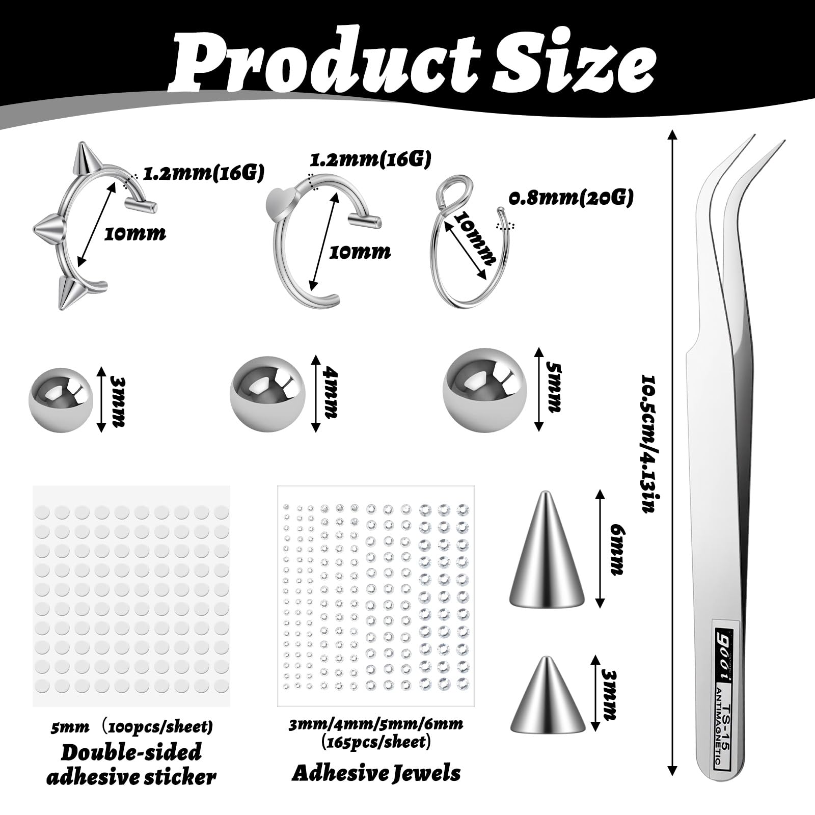 Yolev 26 szt. sztucznych kolczyków do piercingu, sztuczne pierścienie do brwi, wargi, labret, kolczyki do nosa, 3 mm, 4 mm, 5 mm, 6 mm, stalowe kolorowe kolczyki z naklejką, pęseta, bez przekłuwania