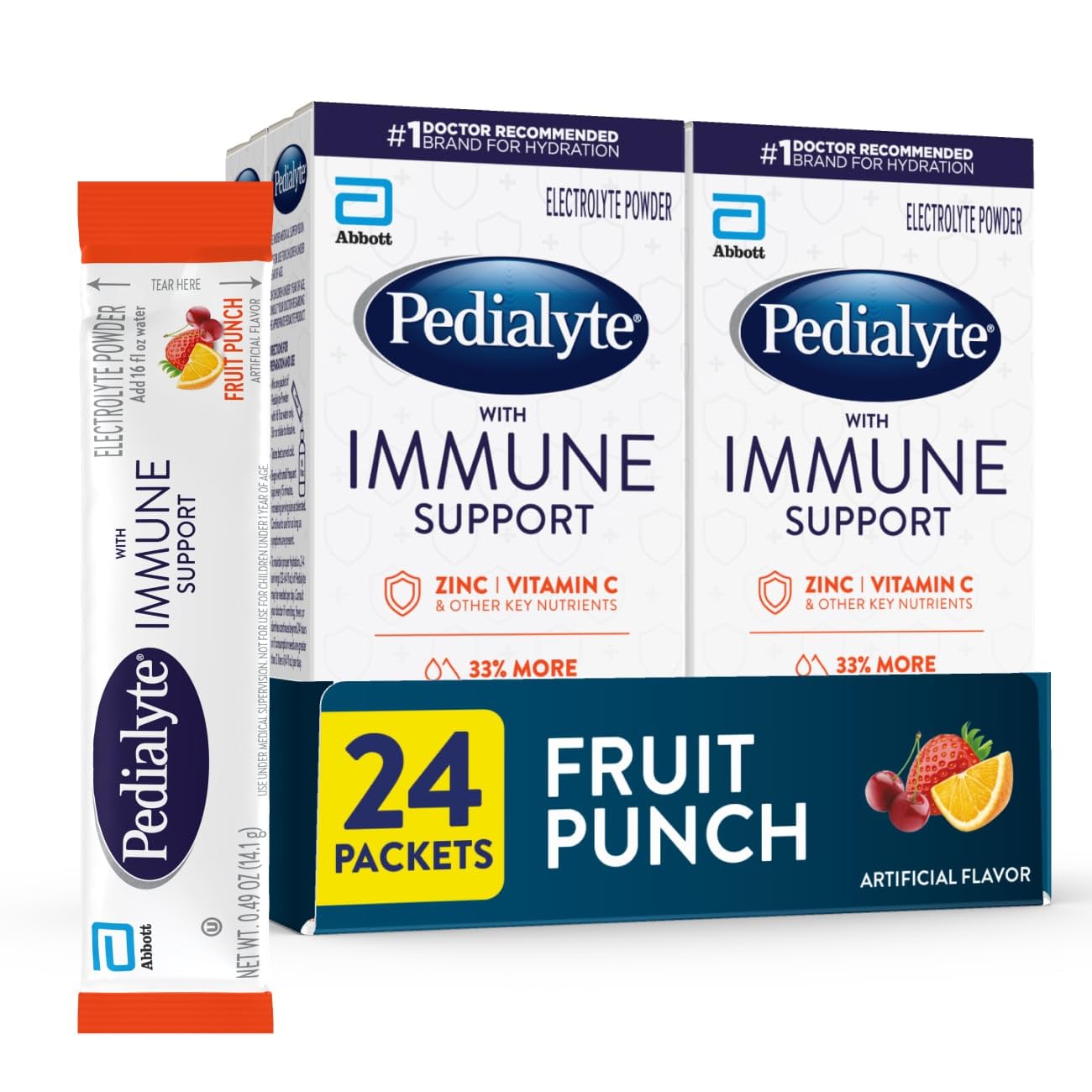 Pedialyte with Immune Support, Electrolyte Drink Powder with Vitamin C and Zinc, Advanced Hydration, Fruit Punch, 24 Powder Packets
