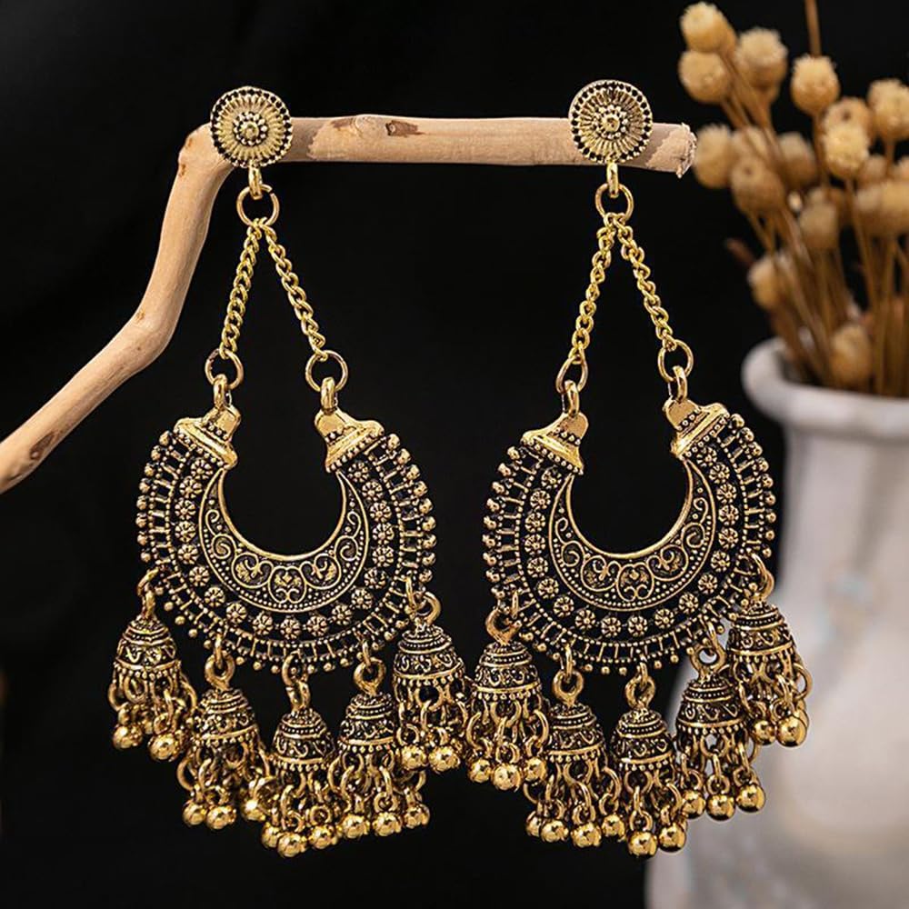 Bollywood Jhumka Jhumki Indian Earrings for Women Vintage Mexico Gypsy Stetament Chandelier Style Ethnic Dangle Earring Tassel Bell Drop Bohemian Fashion Gift Christmas Oxidized Jewelry - Image 7