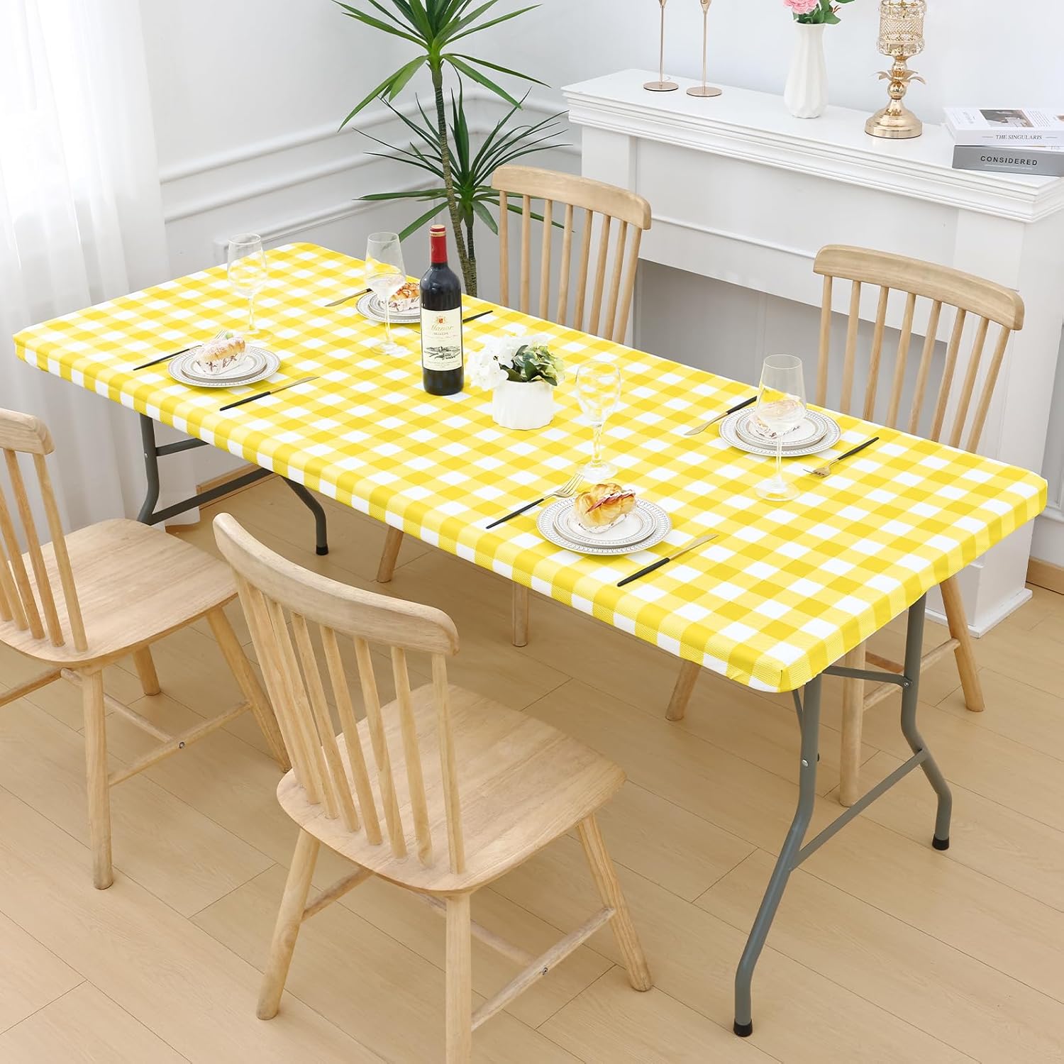 Smiry Picnic Table Cloth 4 Pack, Waterproof Elastic Fitted Tablecloths for 6FT Rectangle Tables, Washable Polyester Buffalo Plaid Tablecloth for Camping, Dining & Outdoor (Yellow & White, 30" x 72")