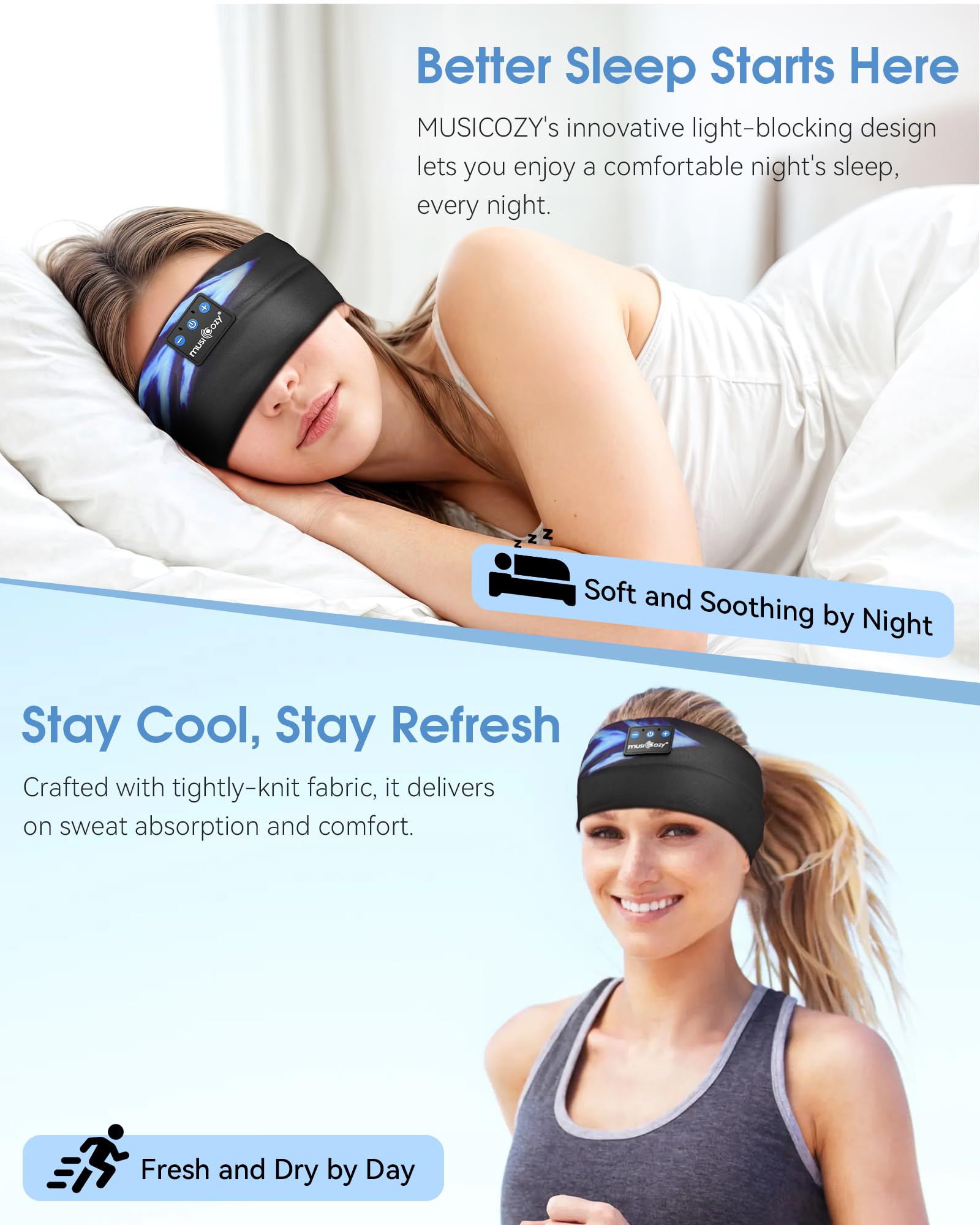 MUSICOZY Sleep Headphones Bluetooth Headband 5.4 Wireless Headband Headphones for Sleeping for Side Sleeper with Ultra-Thin HD Stero Speaker for Workout (Blue Arrow)