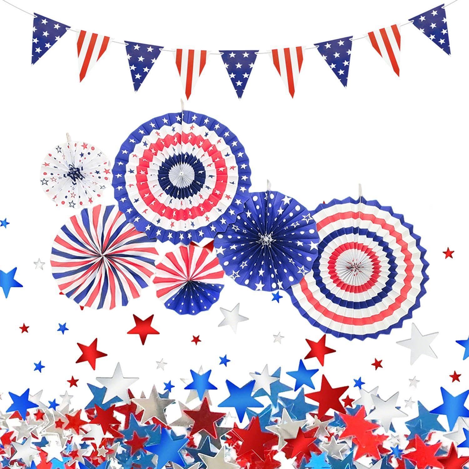 Ejufns Red 6 Pieces Of Paper Fan Flowers, 1 Piece Of Independence Day Pennant, 15 Grams Of Independence Day Confetti, Patriotic Theme Party Decorations, American Flag Ornaments.