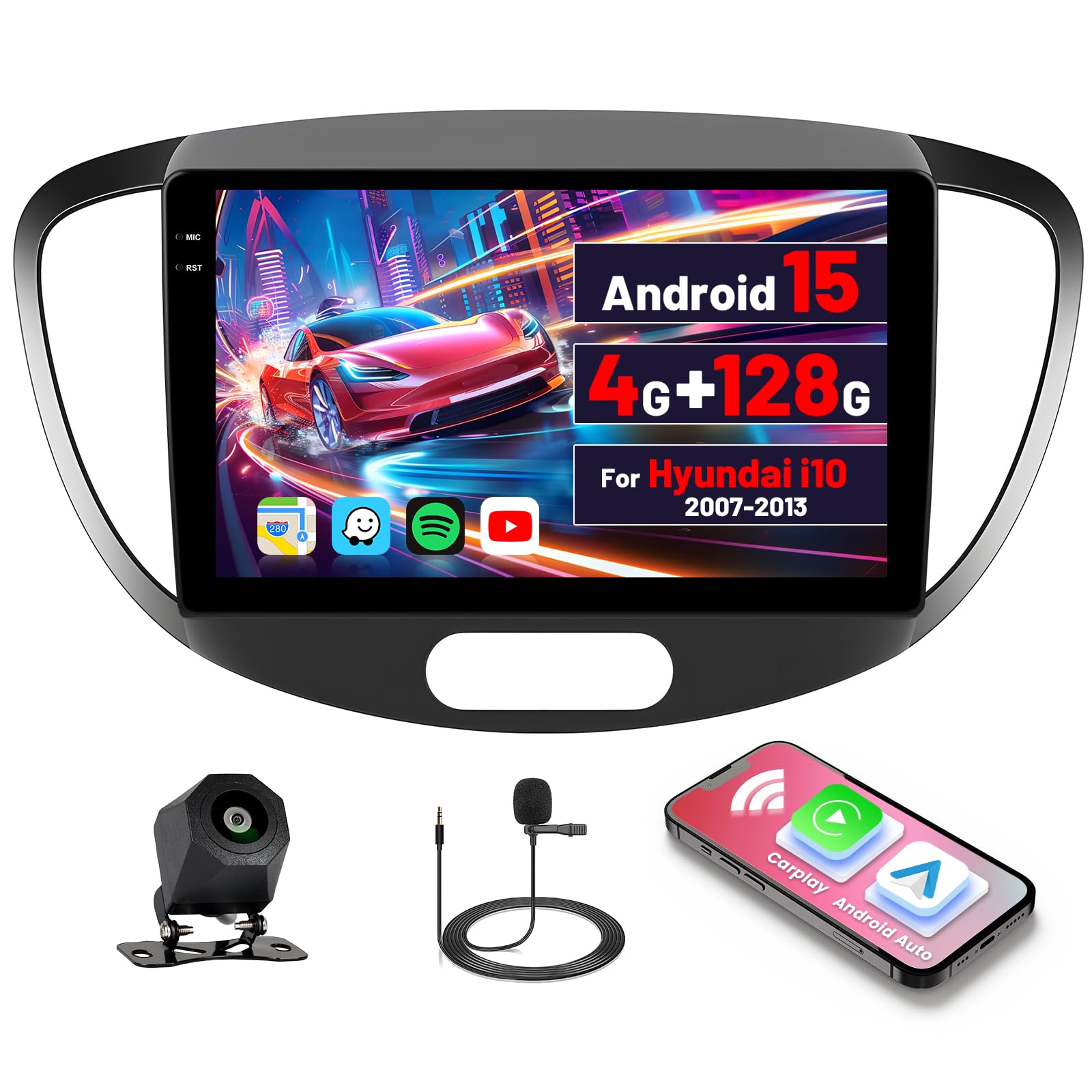 [4G+128G]Inefala Android 15 Autoradio per Hyundai i10 2007-2013 con Wireless Carplay Android Auto, 9 Pollici Touchscreen Stereo Auto Bluetooth con Navi GPS WiFi RDS/FM SWC Retrocamera Mic