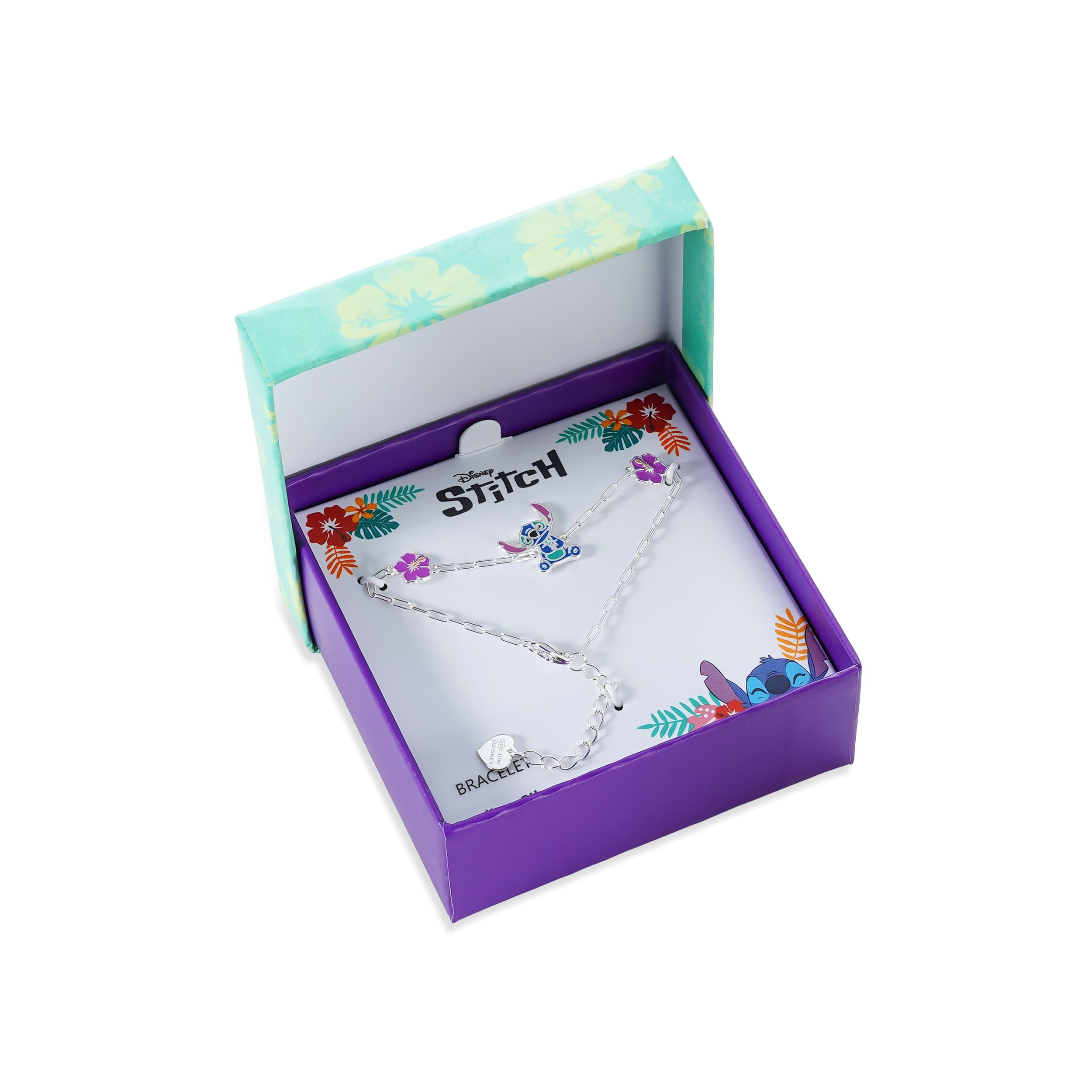 Disney Bracciale Stitch e Fiori Ibisco in Argento 925, con Smalto Colorato, Dimensione Regolabile 13-17 cm, Adatto per Donne e Bambine, Pronto da Regalare, Gioielli Ufficiali
