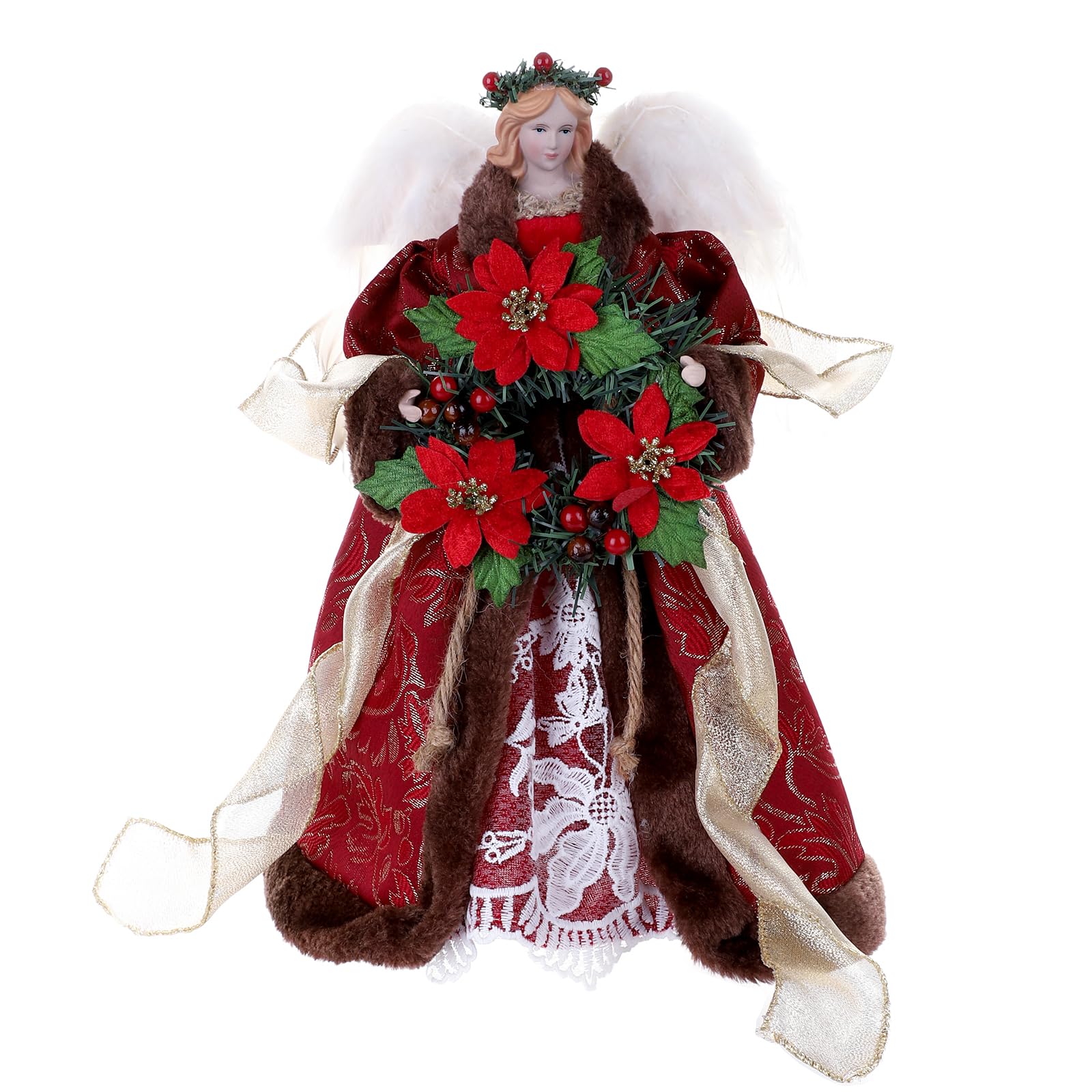 Christmas Tree Decorations, 14.17" Angel for Christmas Tree Topper Decoration, Christmas Tree Toppers Decor Angels with Wings Holding A Wreath,
