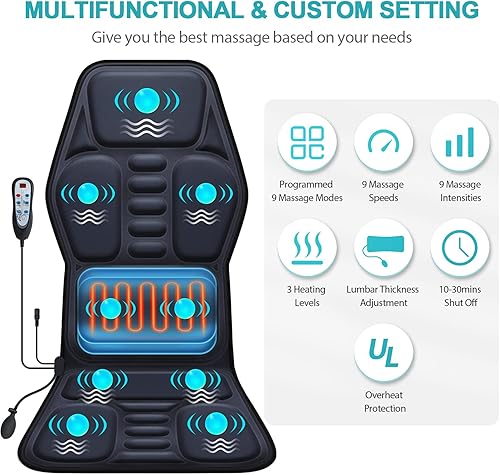 Miniatura 2 de Cojín de asiento de masaje con calor 9 estilo de masaje función de apoyo lumbar, alivio de fatiga y estrés, almohadilla para silla de masaje de