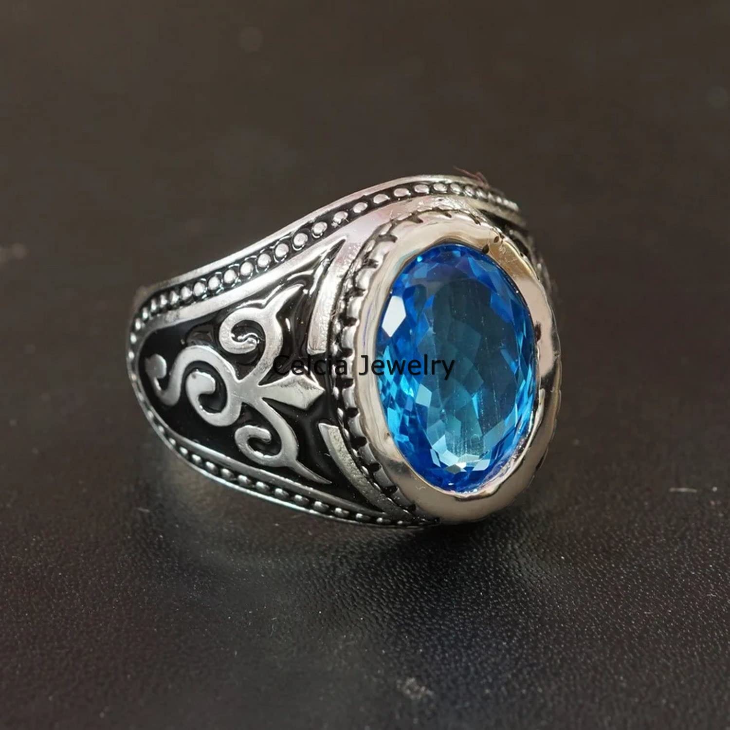 Anillo de sello de plata esterlina 925 sólida para hombres, piedra preciosa ovalada de topacio azul genuino, regalo único hecho a mano de piedra natal de noviembre para él