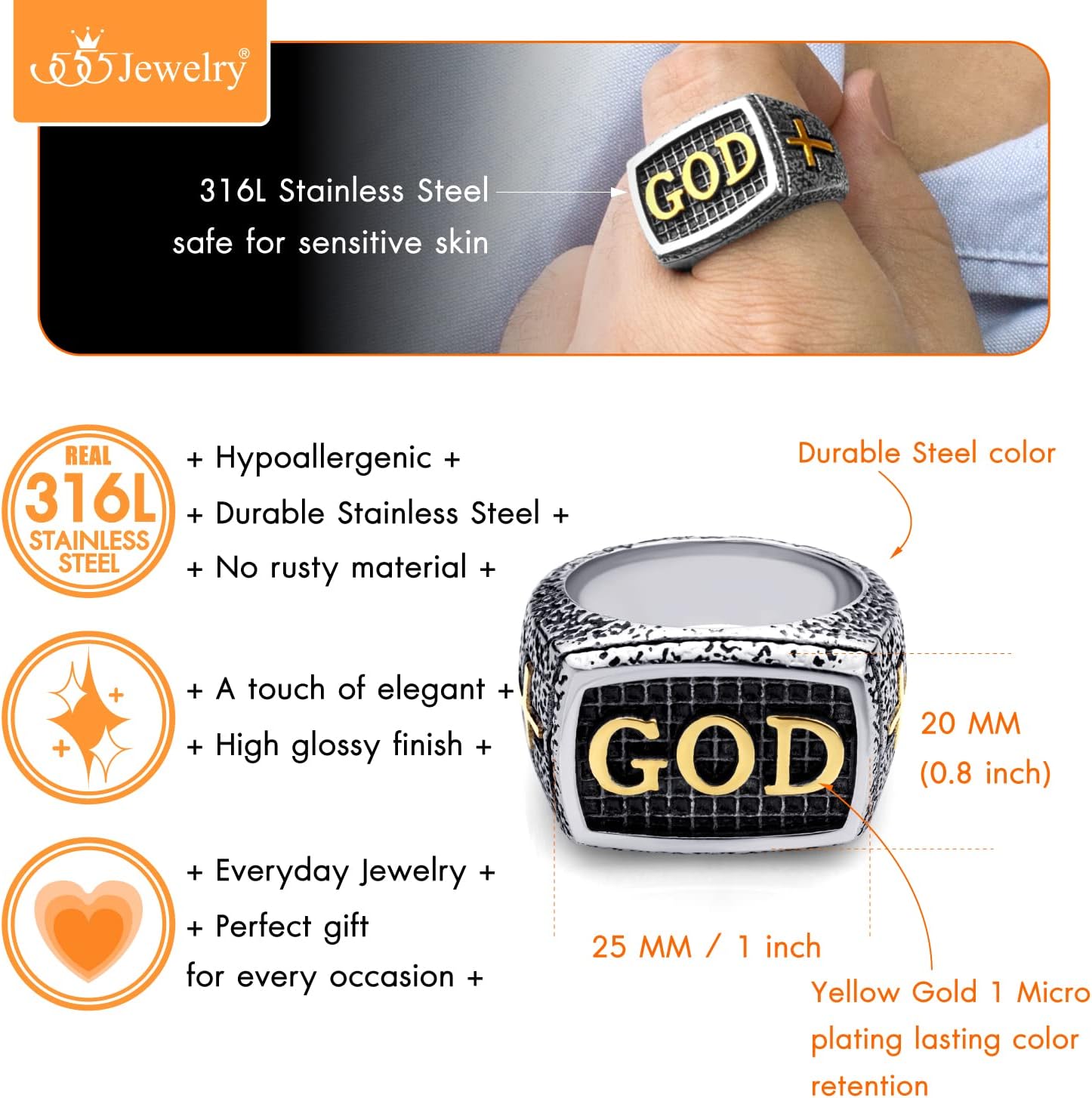 555Jewelry Stainless Steel Vintage Hammered Style Cross GOD Signet Ring for Men