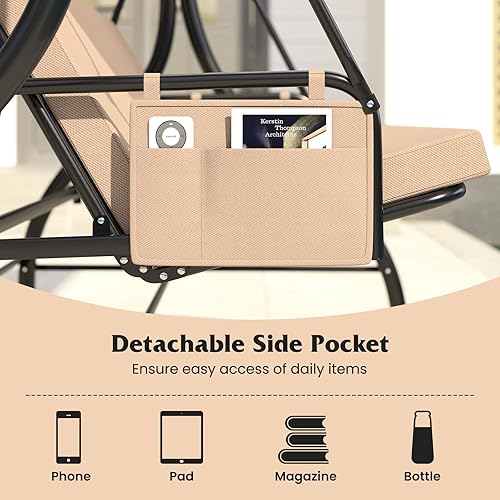 Miniatura 7 de Tangkula Columpio para porche para 3 personas, columpio convertible 2 en 1 para exteriores con toldo ajustable, cojines extraíbles, marco de metal,