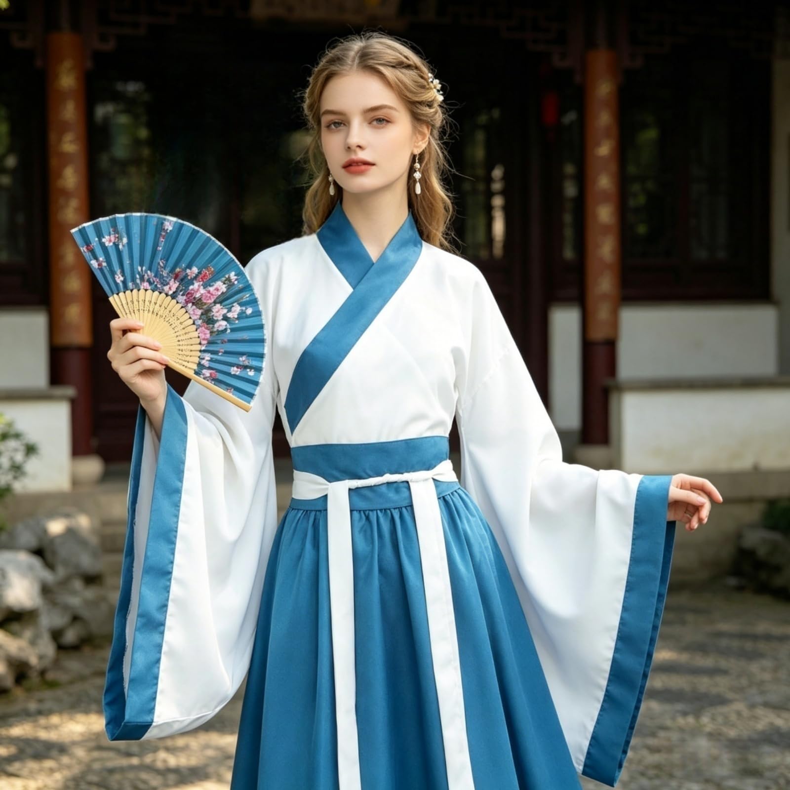 Robe Hanfu Femmes, Ensemble de Costumes Traditionnels Chinois, Brodées Hanfu à Col Croisé pour Cosplay Fête Mariage Spectacle (avec Accessoires)