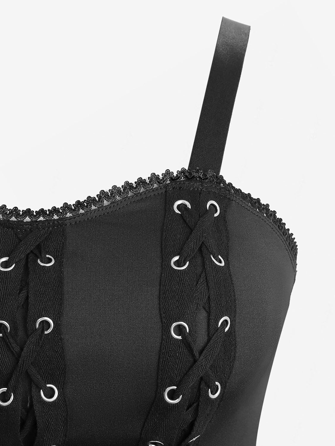 DRESSFO Women's Gothic Skull Rose Tank Dress – Flocking Lace-Up A-Line Dress with Grommets and Lace Trim - Image 3