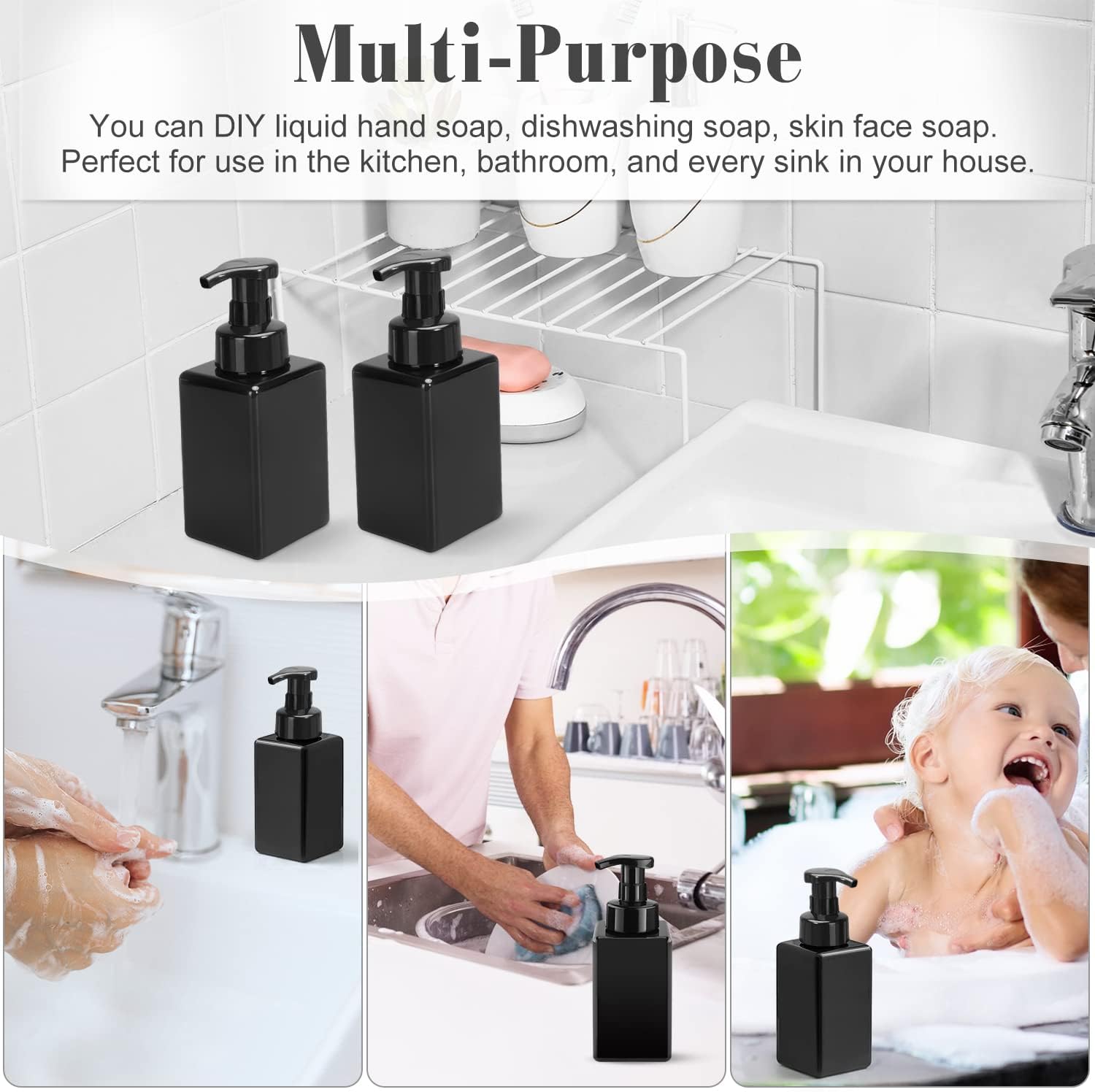 3 Pack 15oz/450ml Foaming Soap Dispenser Plastic Foam Pump Bottle Refillable Liquid Soap Container for Shampoo Body Hand Wash Bathroom Kitchen Sink - Black - Image 5