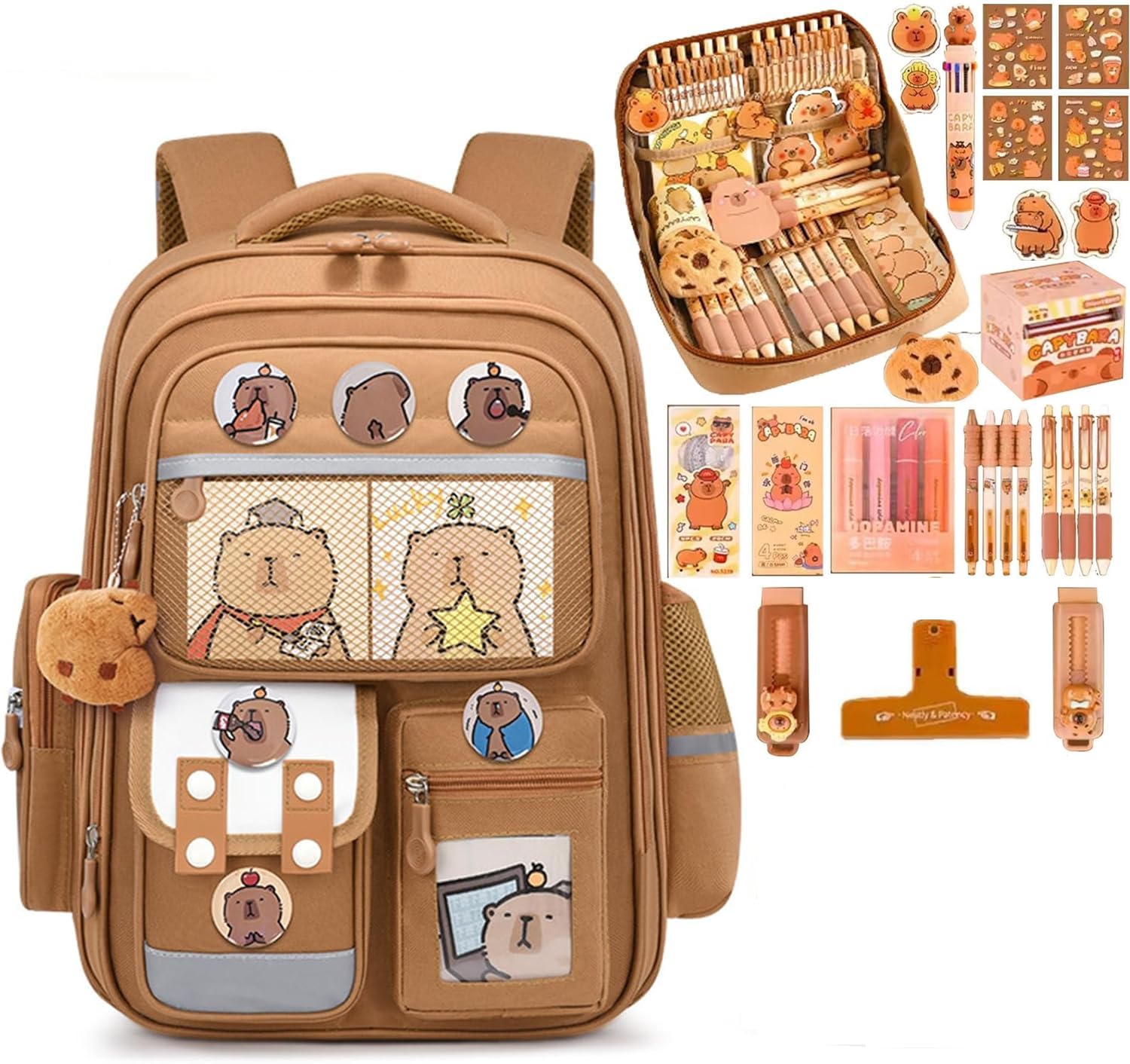 Zaino per Bambini Capibara, Zaino Capybara Kawaii per Bambine e Bambini, Borsa Scolastica Capybara con Set di Cancelleria, Regalo per Adolescenti e Studenti