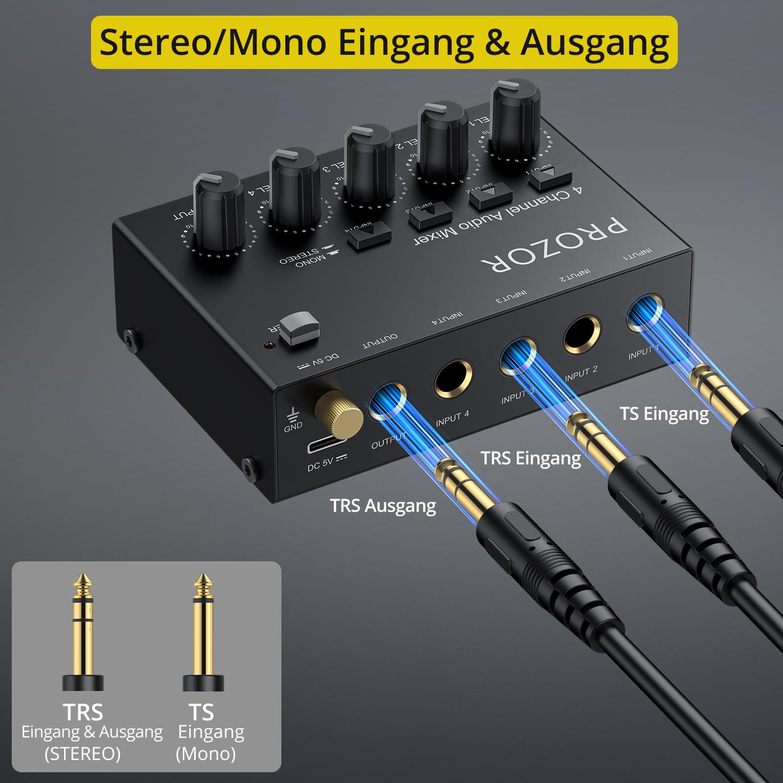 PROZOR 4-Kanal Audio Mixer Aktiver Mischer Mischpult Mit 3,5mm auf 6,35mm Umschaltkopf Kompakte Mischkonsole für Mikrofone, Gitarren, Bass