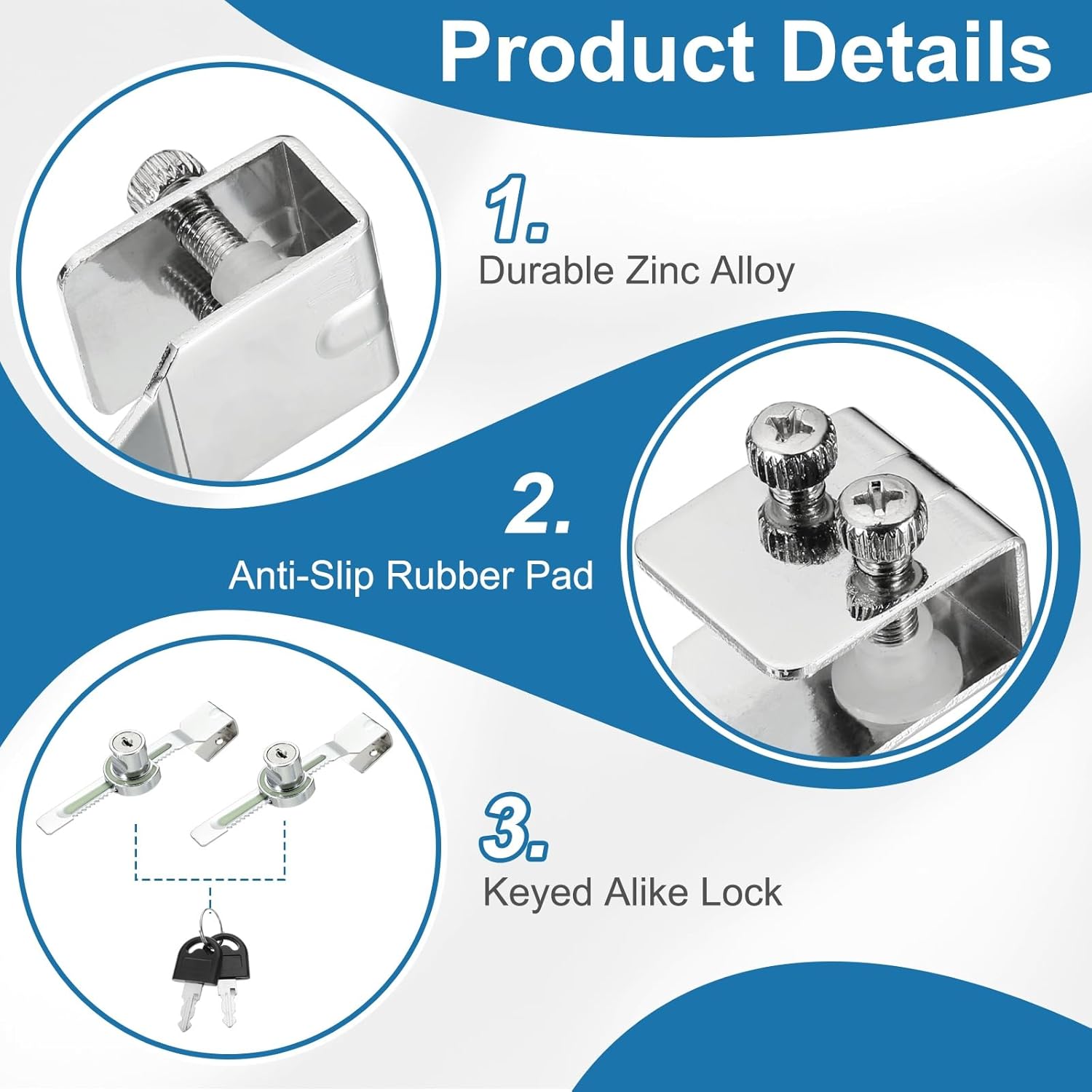 0.6" Sliding Glass Door Ratchet Lock, Keyed Alike Luminous Secure Showcase Display Case Lock - No Drill, for 5-10mm/ 0.2-0.39 inch Cabinet Stores Glass Door, Silver