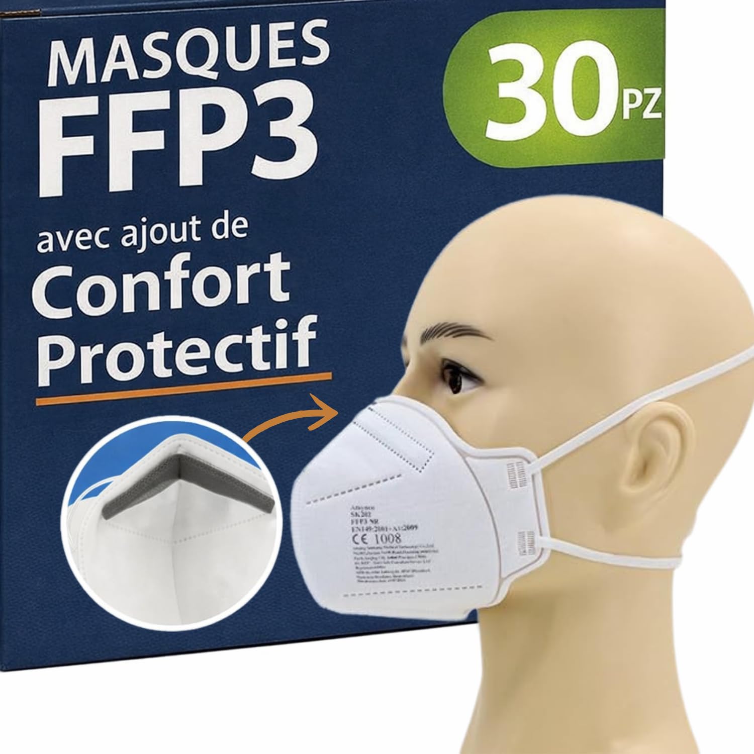 30 Masque FFP3 Certifiés CE, Masque 5 Couches Sans Valve, Masques de Protection Adulte contre les Poussières et les Particules, Masques de Protection Respiratoire Filtrant BFE≥99, 30 Pièces