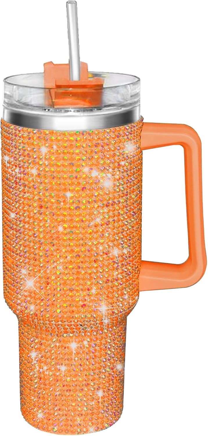 HWISDMIG 40oz Tumbler with Handle-Glitter Rhinestones Tumbler Bling Cups Stainless Steel Water Bottle Diamond Studded Tumbler for Women-Birthday Gifts for Women, Mom, Girlfriend (Orange)