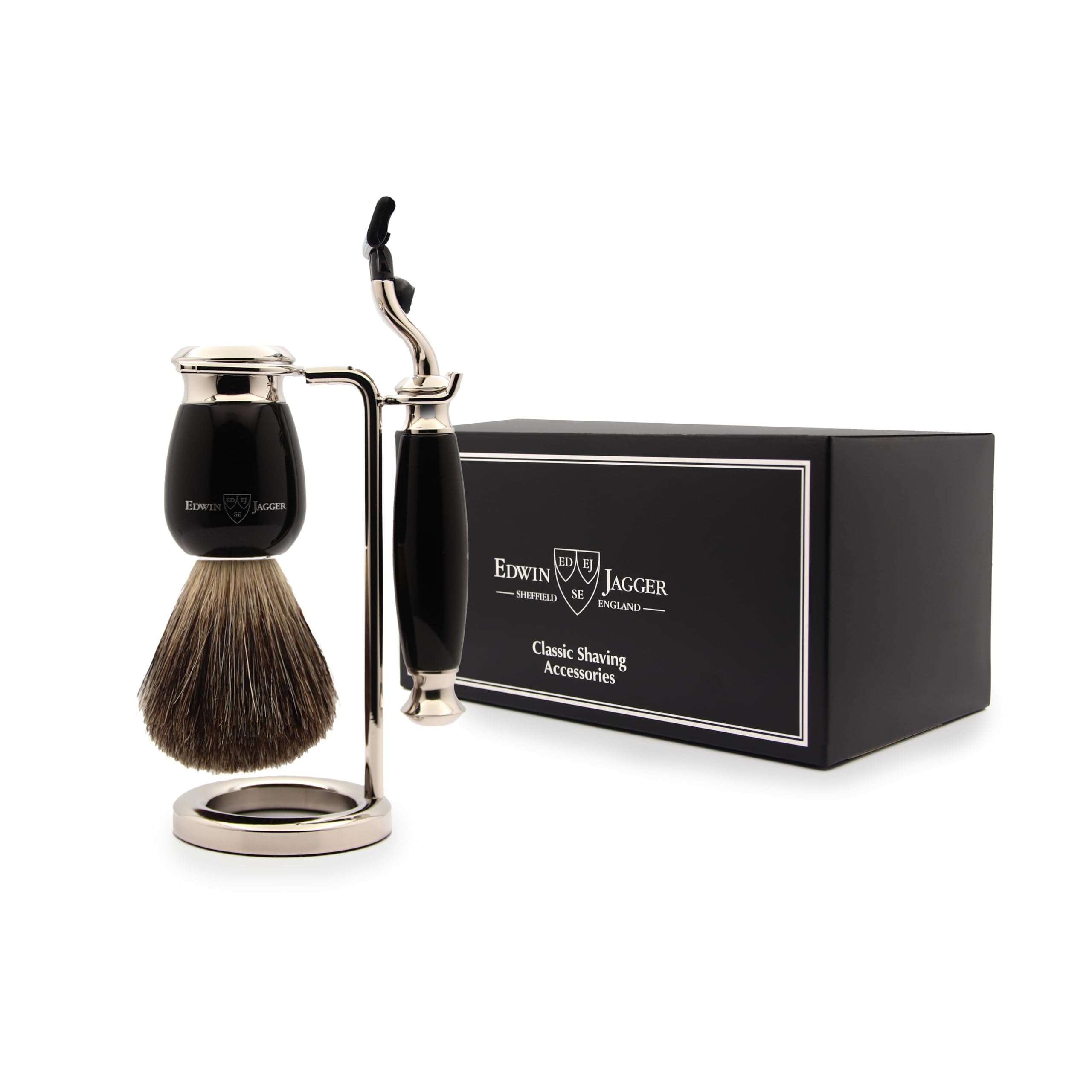 Edwin Jagger S81M586AMZ Klassisches Rasierset aus Ebenholz & Nickel mit reinem Dachs-Rasierpinsel und Mach 3 Rasiermesser für Rasiercreme oder Seife für Männer und Frauen