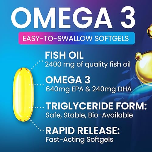 Miniatura 5 de Suplemento de aceite de pescado Omega 3 de 2400 mg, de origen sostenible, cápsulas blandas de suplemento omega-3 de triple fuerza, apoyo para la