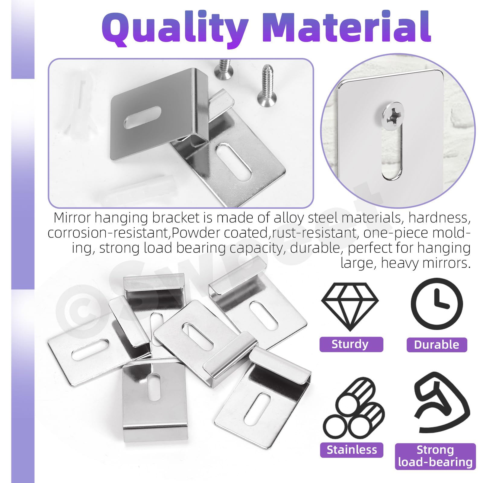 Swpeet 6 Sets Silver Metal Mirror Clips Kit with Screws, Wide Channel Mirror Hanger Clip Kit - Image 3